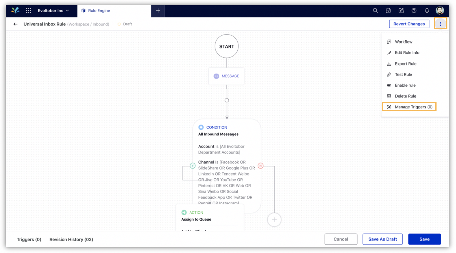 Selecting manage triggers to create a new trigger for the rule engine