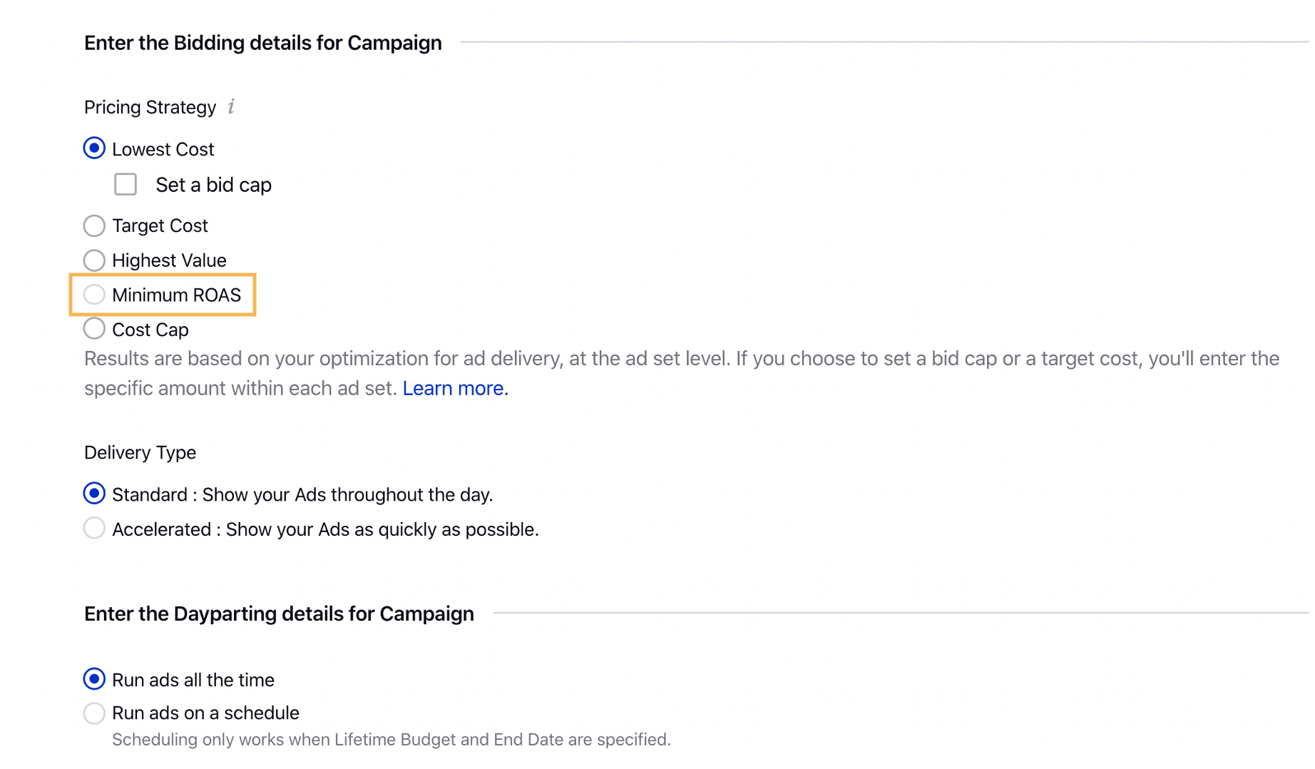 Setting Minimum ROAS Bid Strategy for Facebook Campaigns