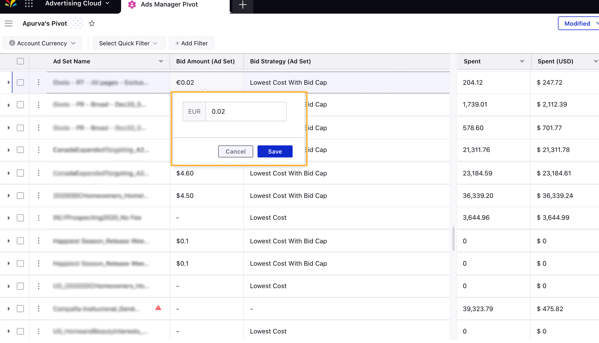 Inline Edit Bid Amount in Ads Manager Pivot Table