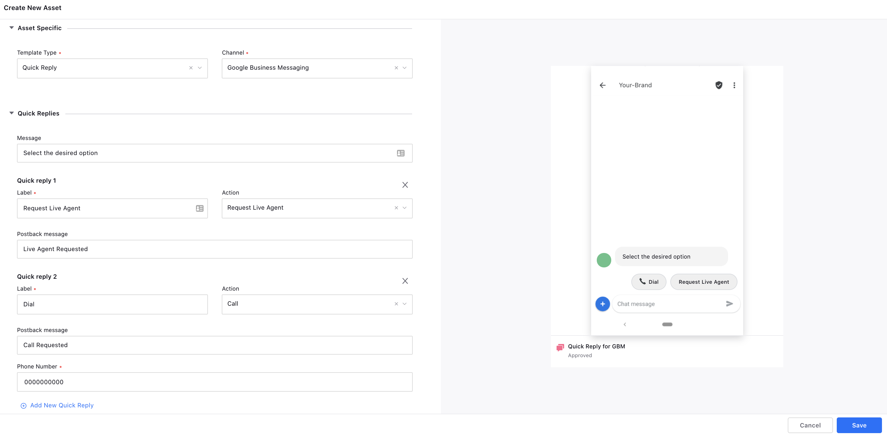 Call and Request Live Agent Actions in Quick Reply Template for Google Business Messaging