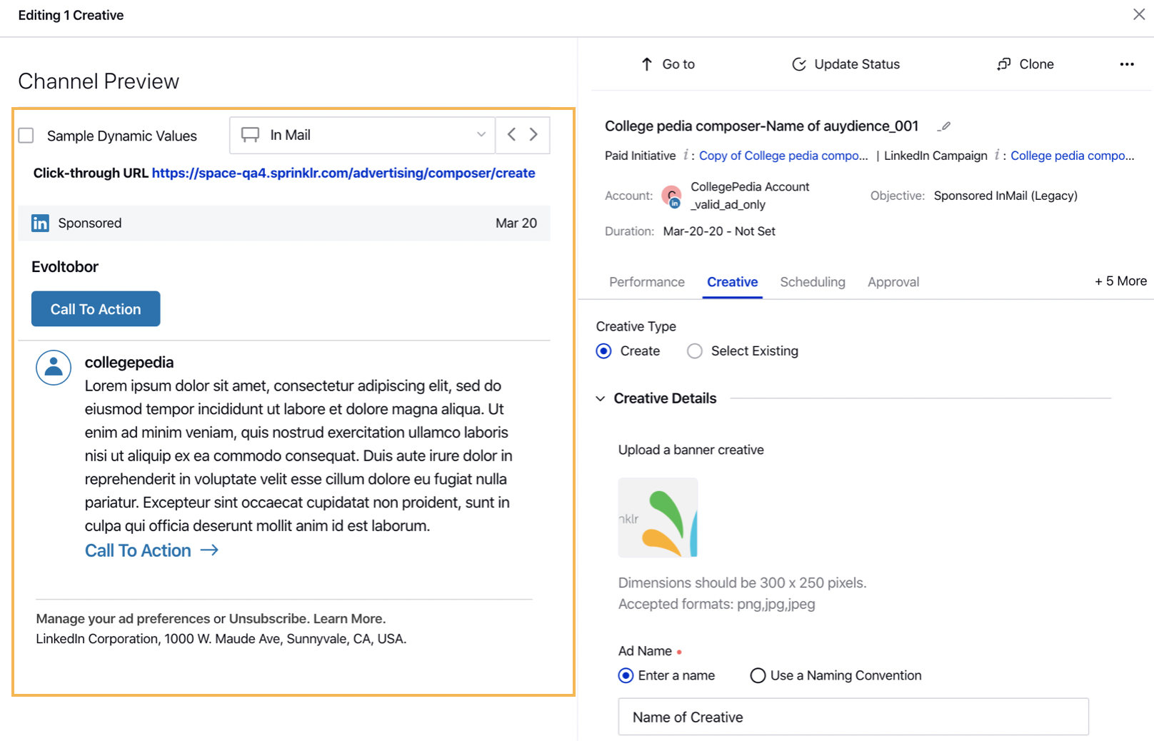 Updated LinkedIn Sponsored InMail (Legacy) Ad Preview AdsManager