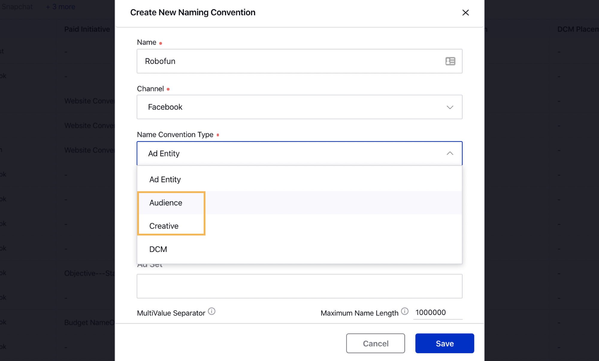 Naming Convention for Creative and Audience