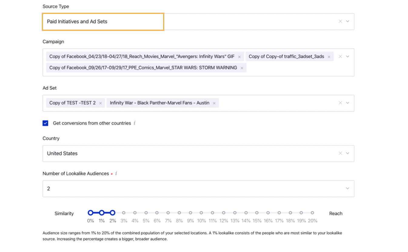 Paid Initiative and Ad Set Source for Facebook Lookalike Audience