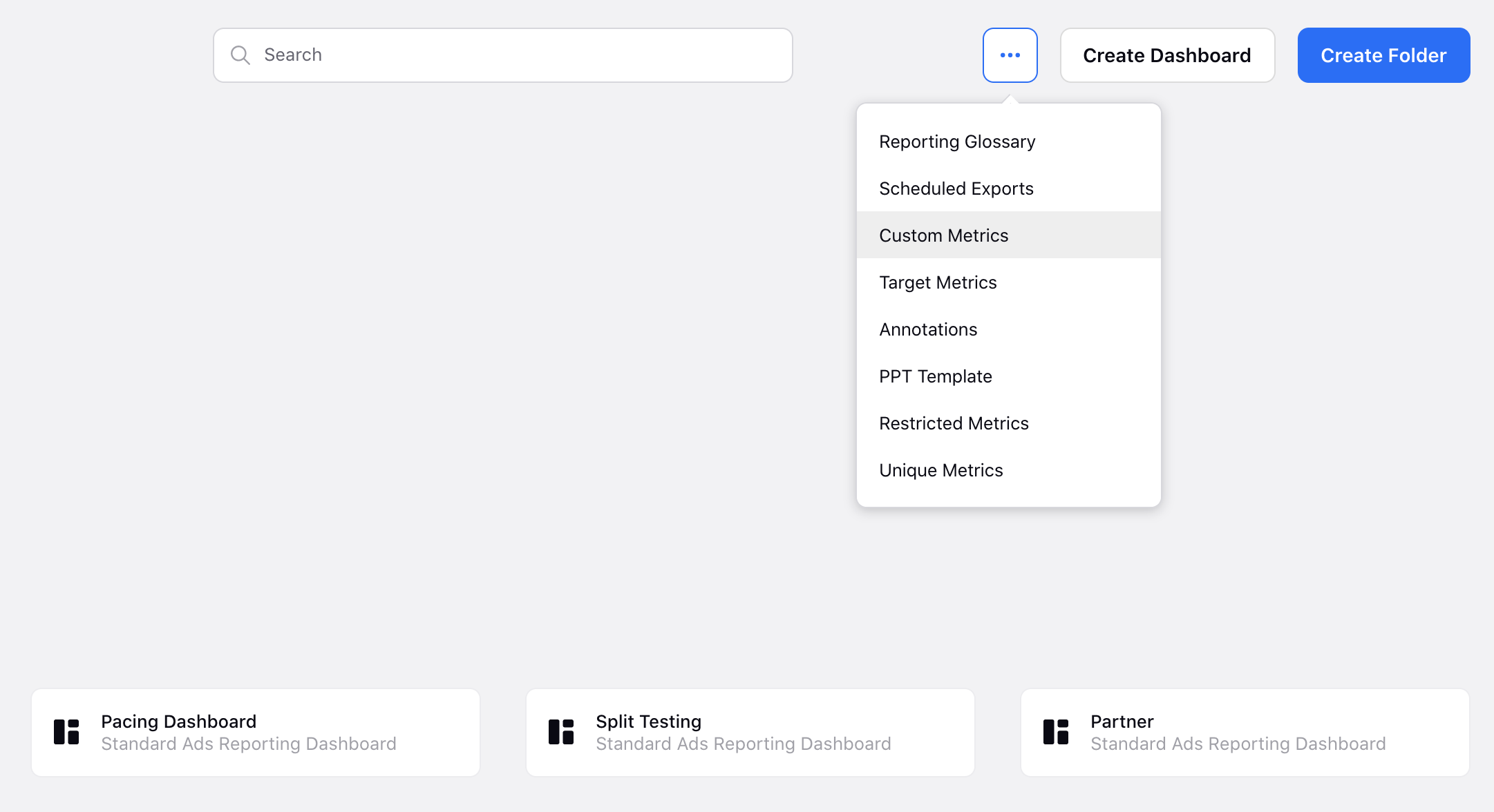 Select Custom Metrics from Ads Reporting Home