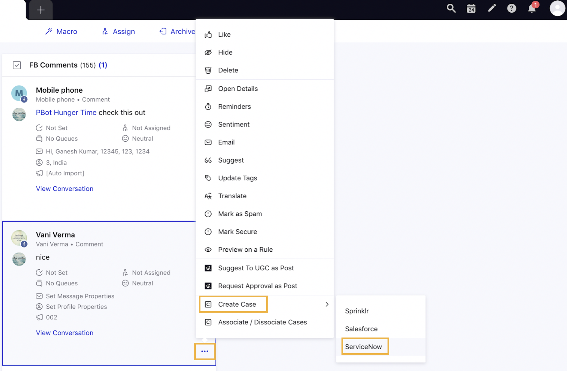 Selecting ServiceNow to create a case on Engagement Dashboards