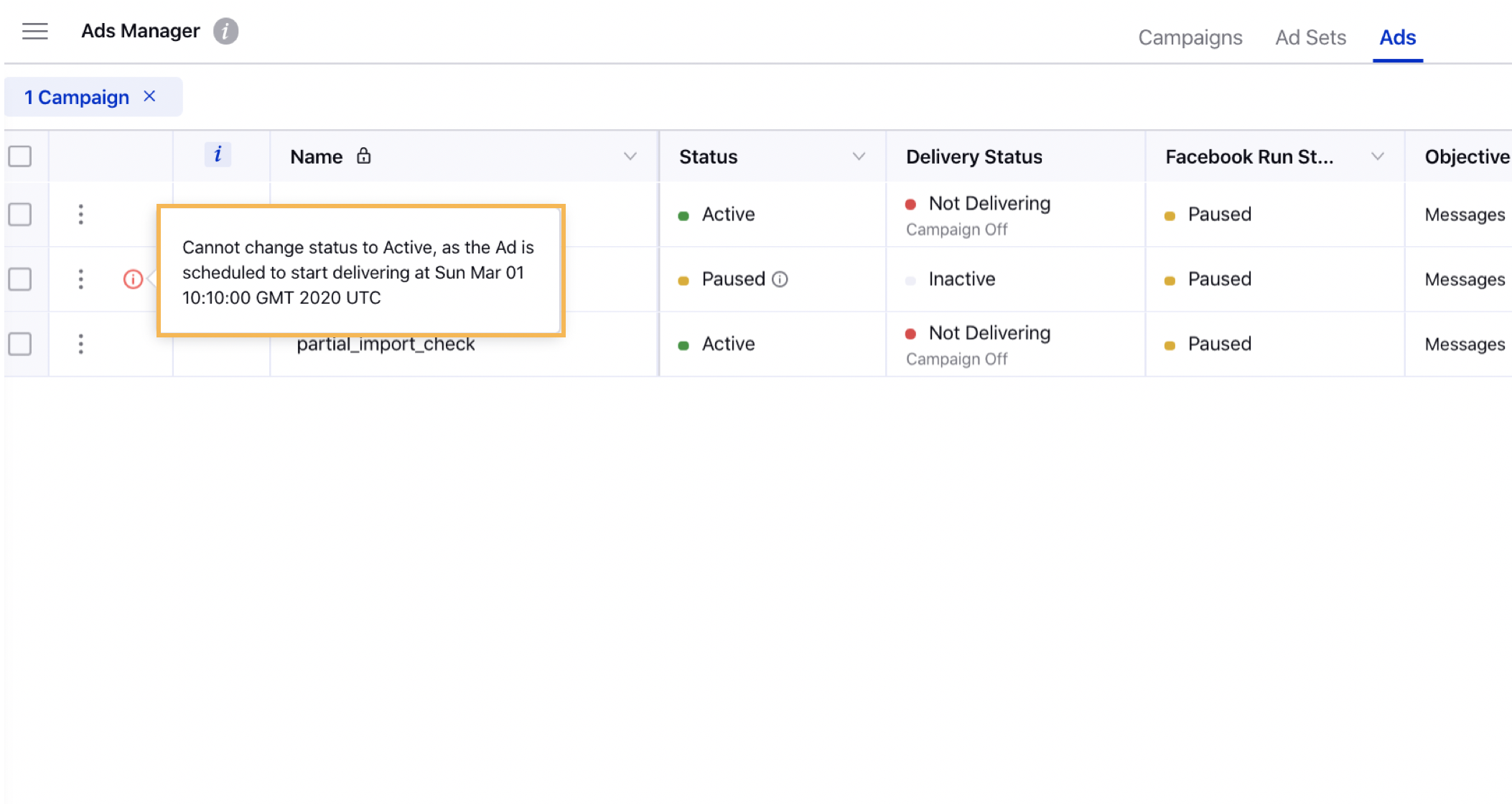 Immediate Ad Scheduling validation on activating ads