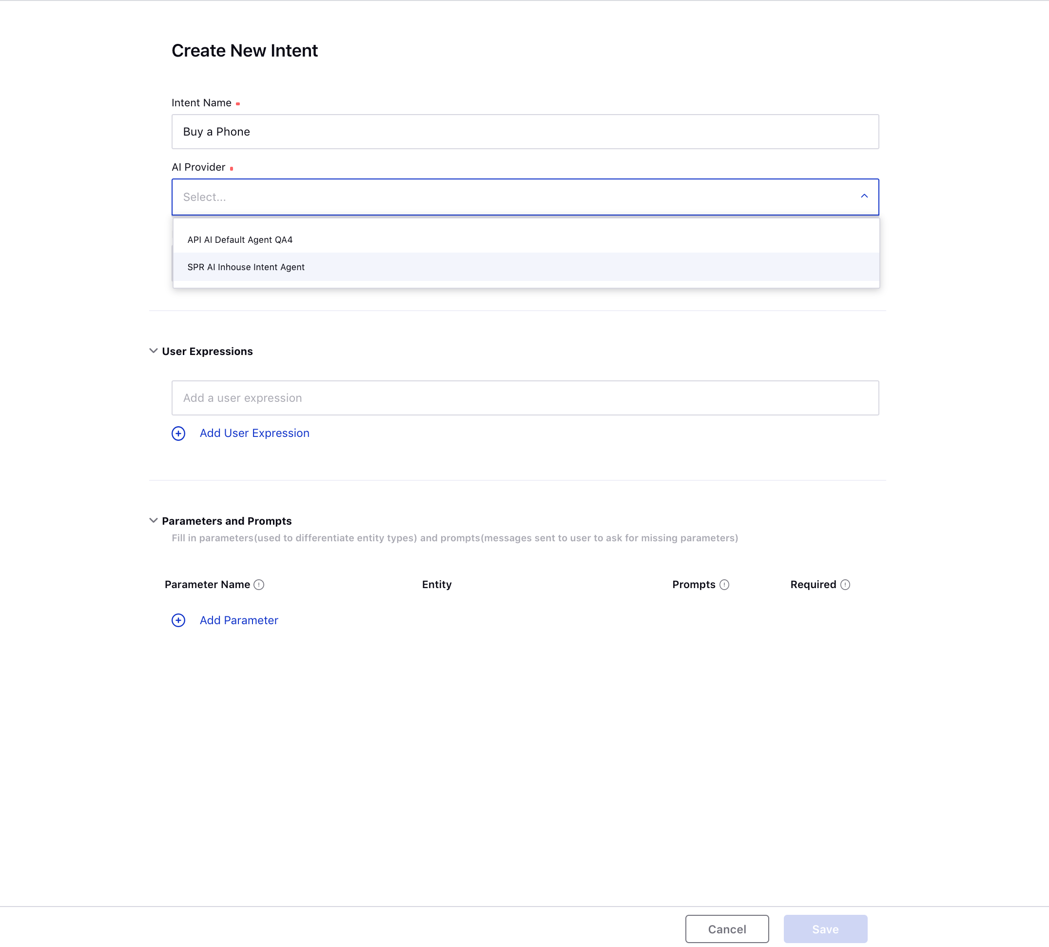 Selecting AI provider while creating an Intent in Bots Manager