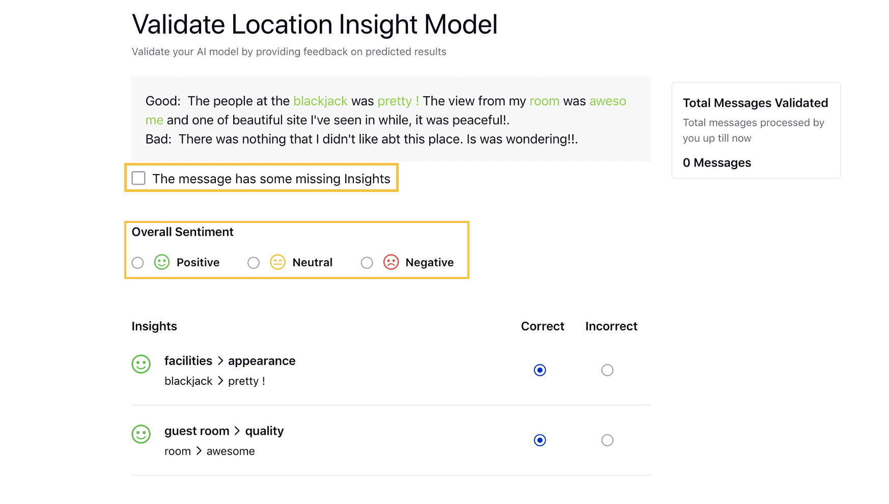 Showing how to validate messages for Location Insights model through the AI Model Validation 