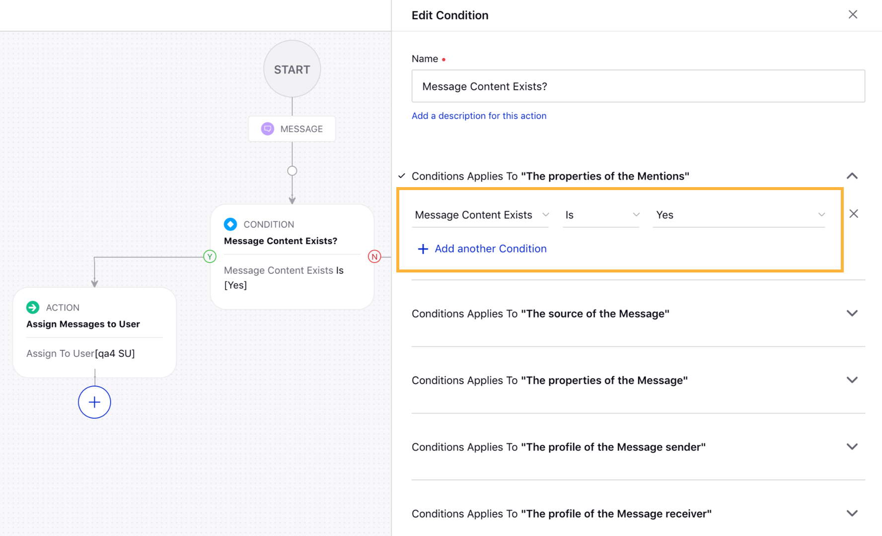 "Message Content Exists" filter is available for Listening Rules in Rule Engine