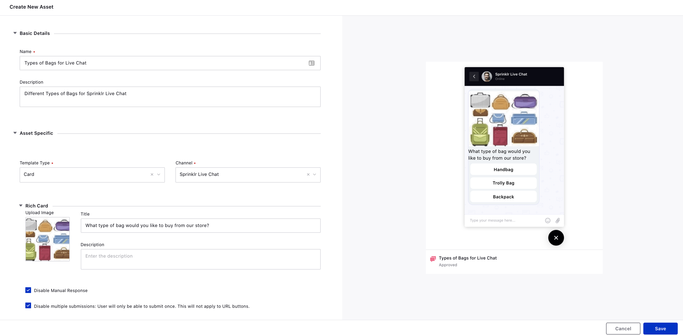 Card Template for Sprinklr Live Chat