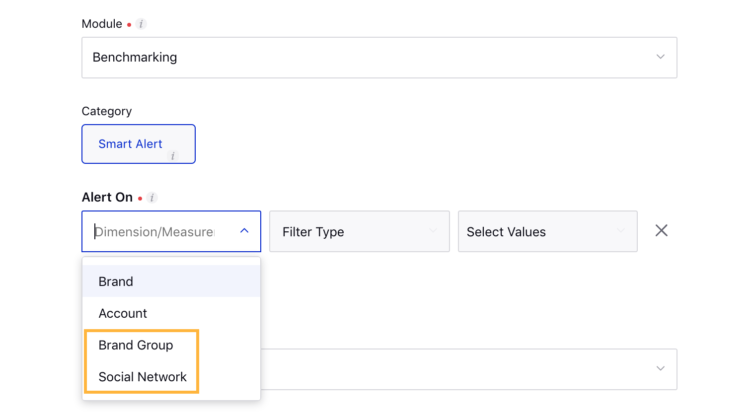 New dimensions "Social Network" and "Brand Group" for Benchmarking in Alert Manager