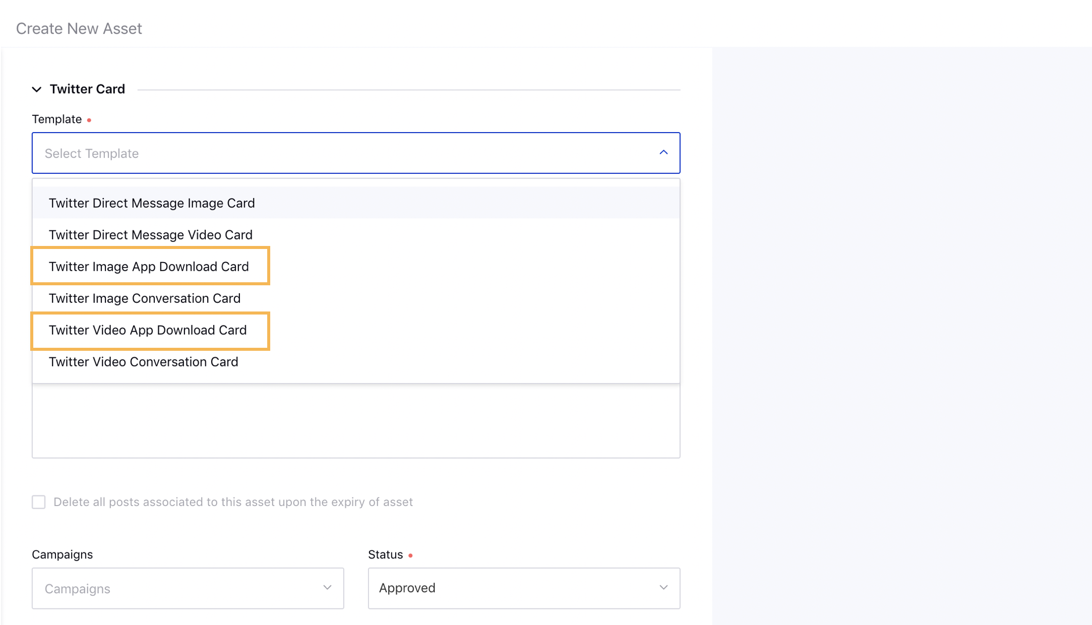 Selecting Image or Video App Download Card in Sprinklr Asset Manager