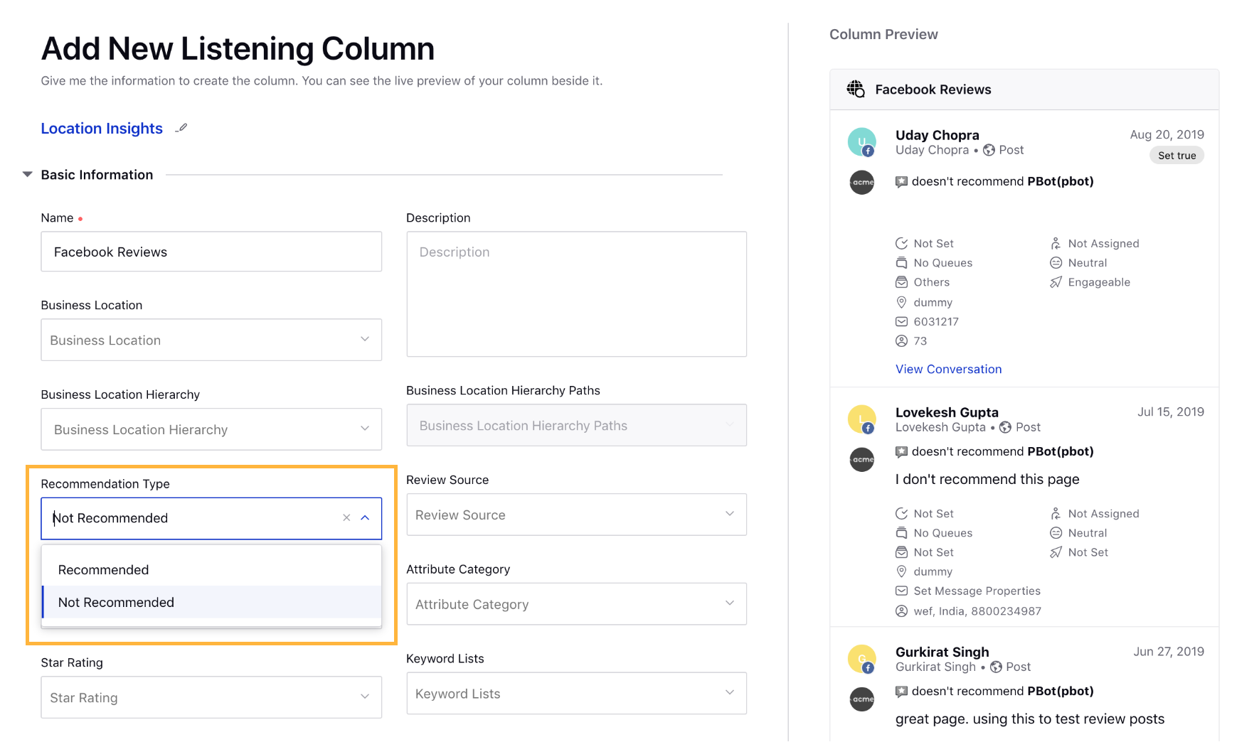 Recommendation Type filter for Facebook Reviews available in Engagement Column