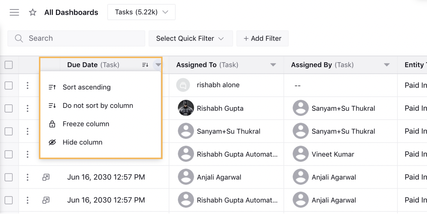 Production Dashboard Tasks Tab List View