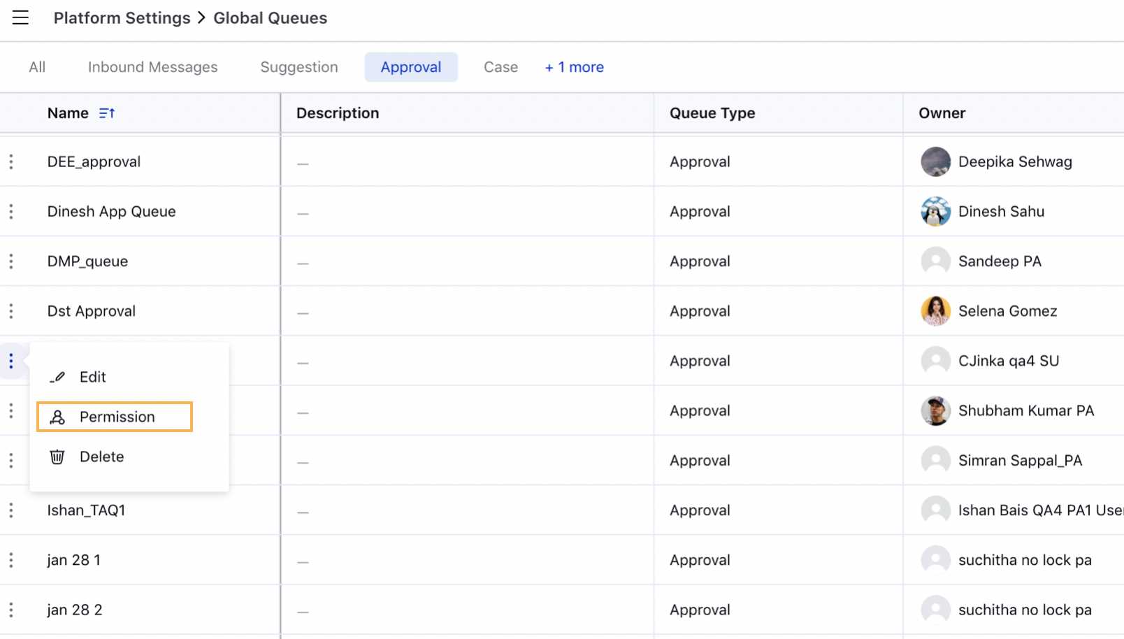 Selecting Permissions Options Icon for Approval Queue