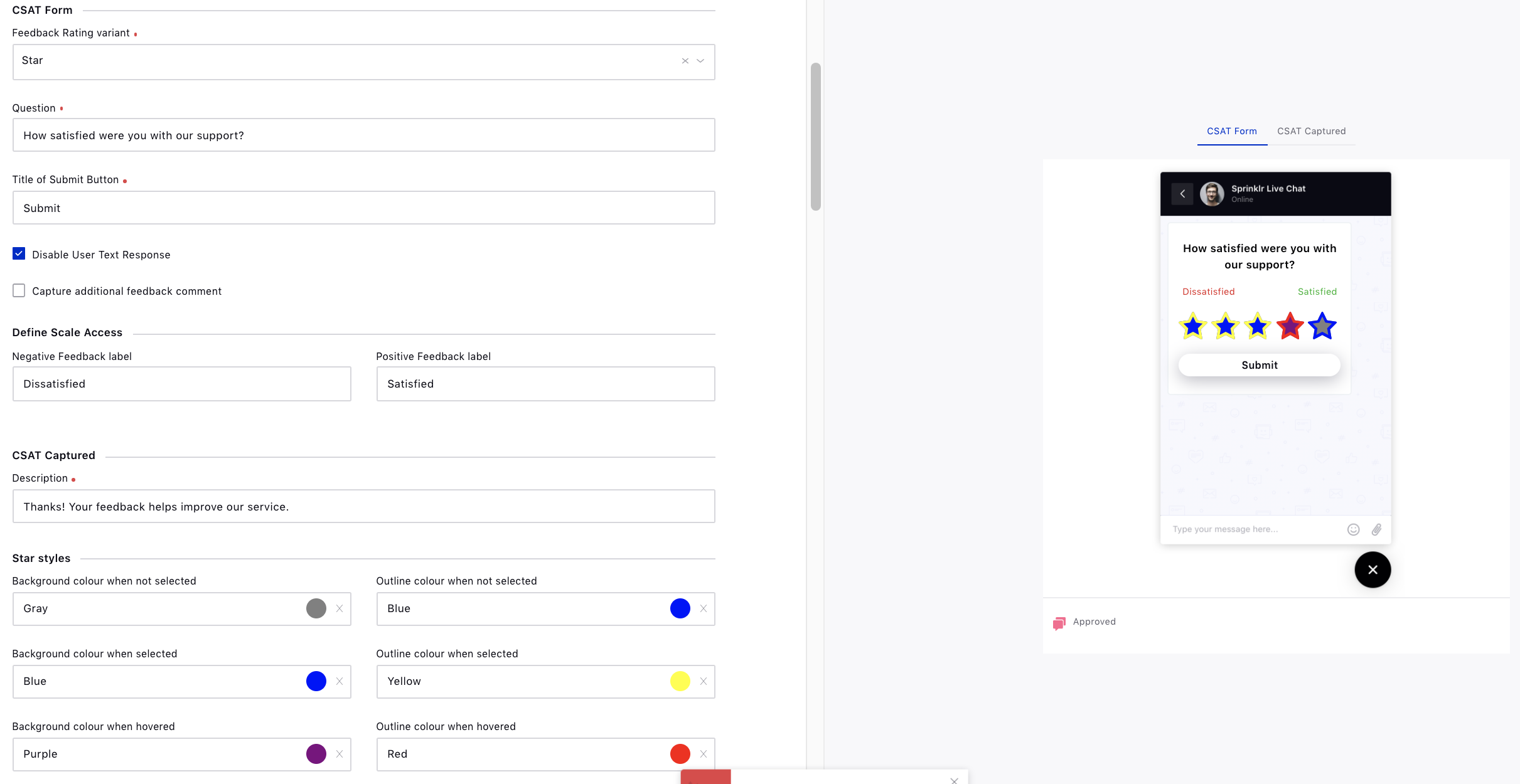 Star Rating for Feedback card in live chat