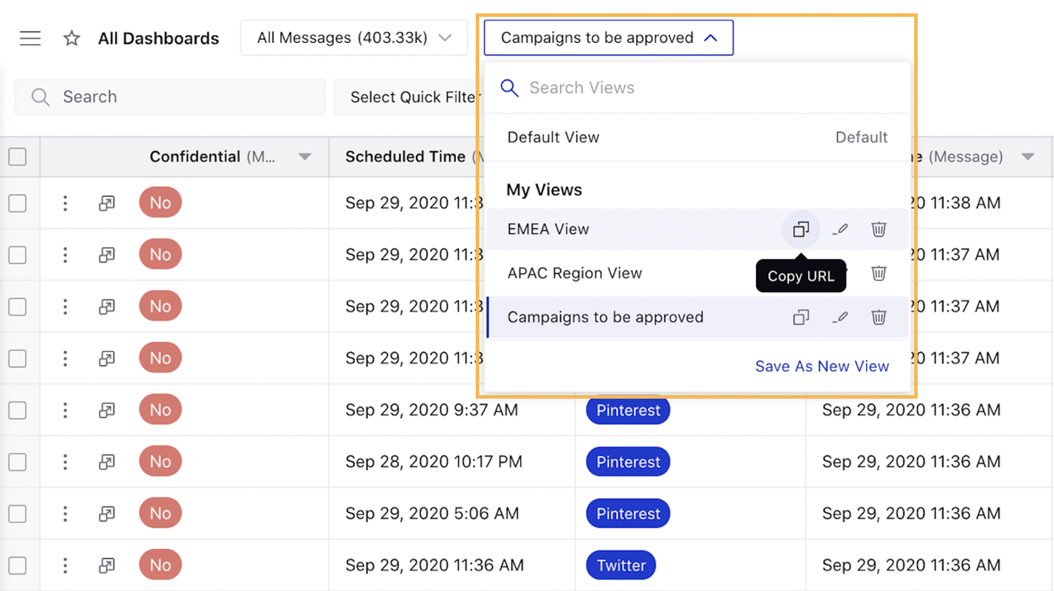 Sharing Current View of the Production Dashboard