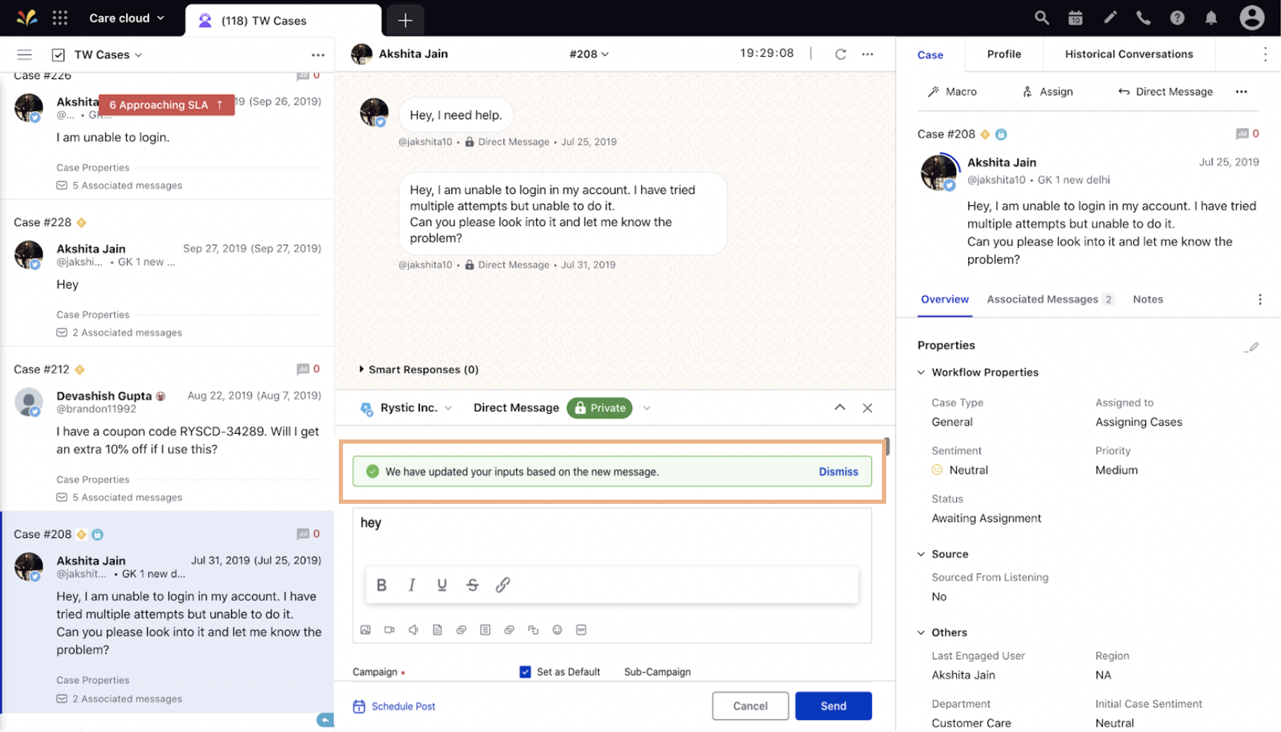 Showing context warning when last associated fan message changes when reply box is open in Agent Console