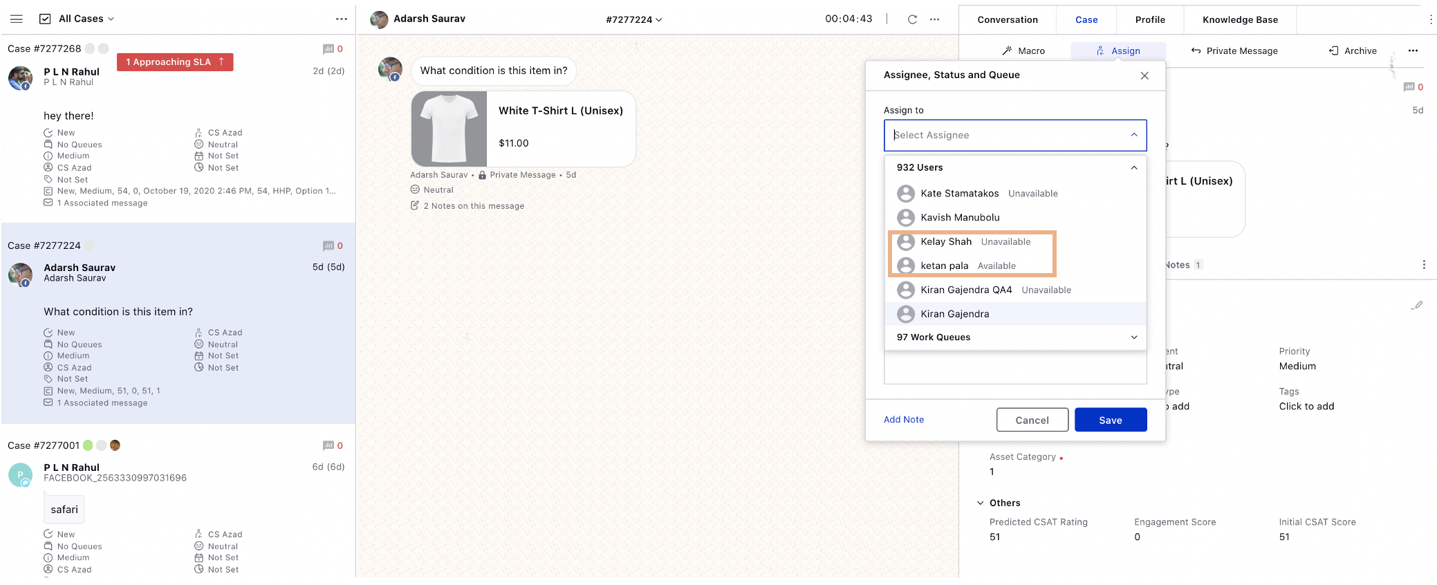 User Availability Status While Assigning Cases/Messages in Agent Console