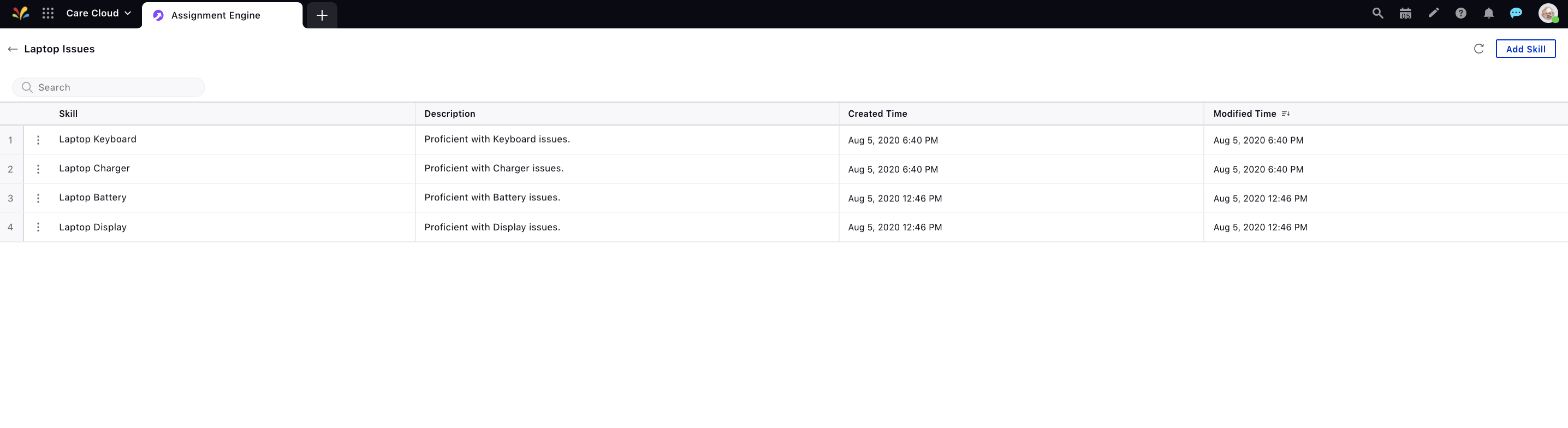 Skills window in Assignment Engine