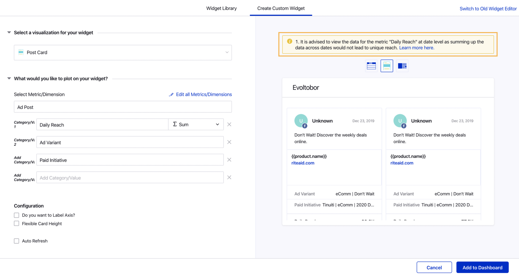 Widget Level Suggestions for Reach Metrics