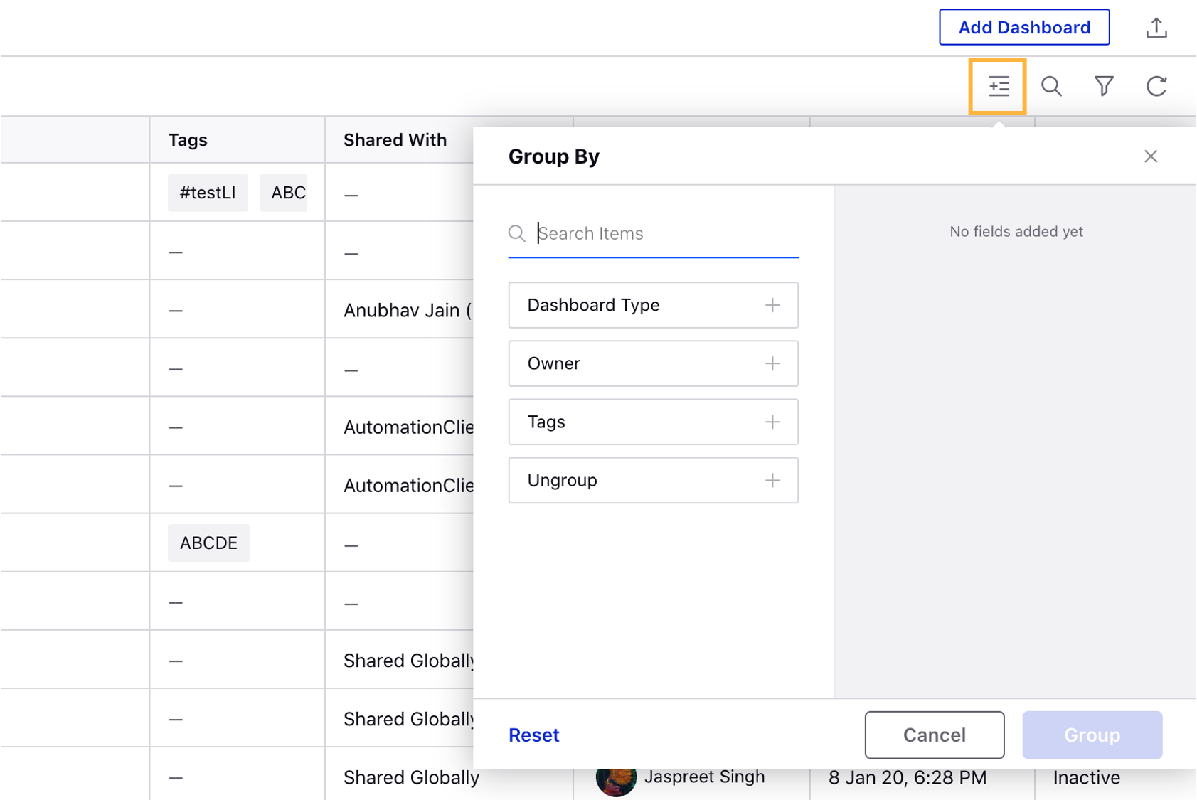 Group By Dashboard Manager