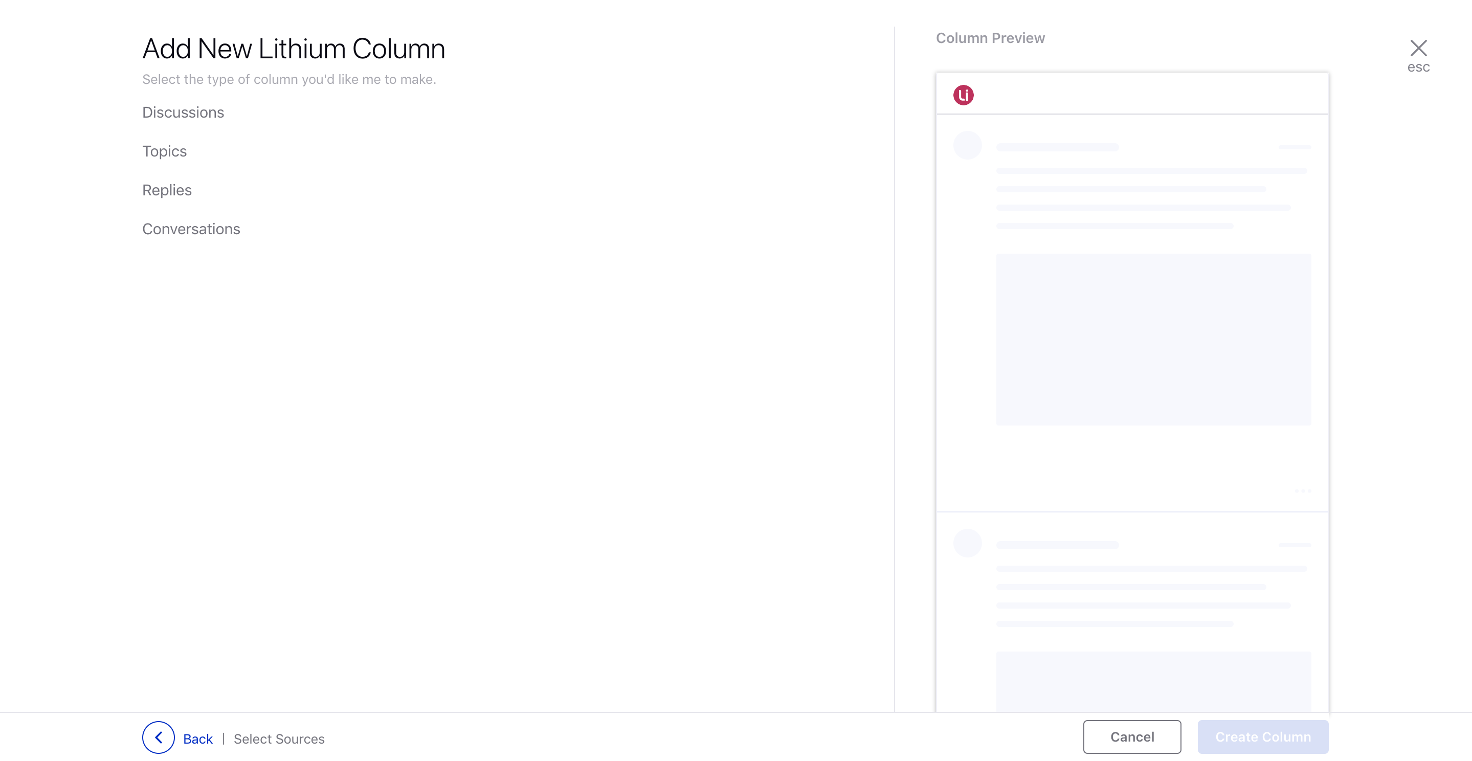 Selecting a column type on add new lithium column window