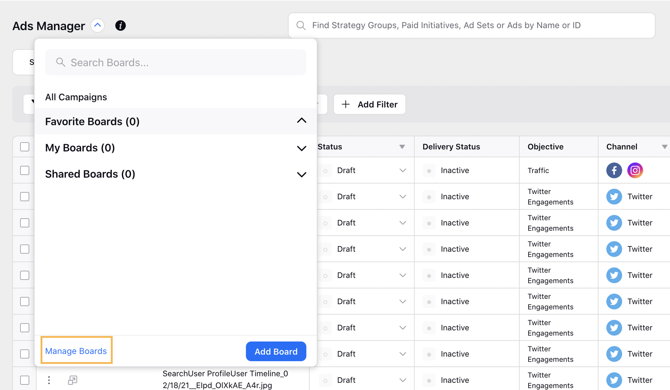 Click Manage Boards in Ads Manager