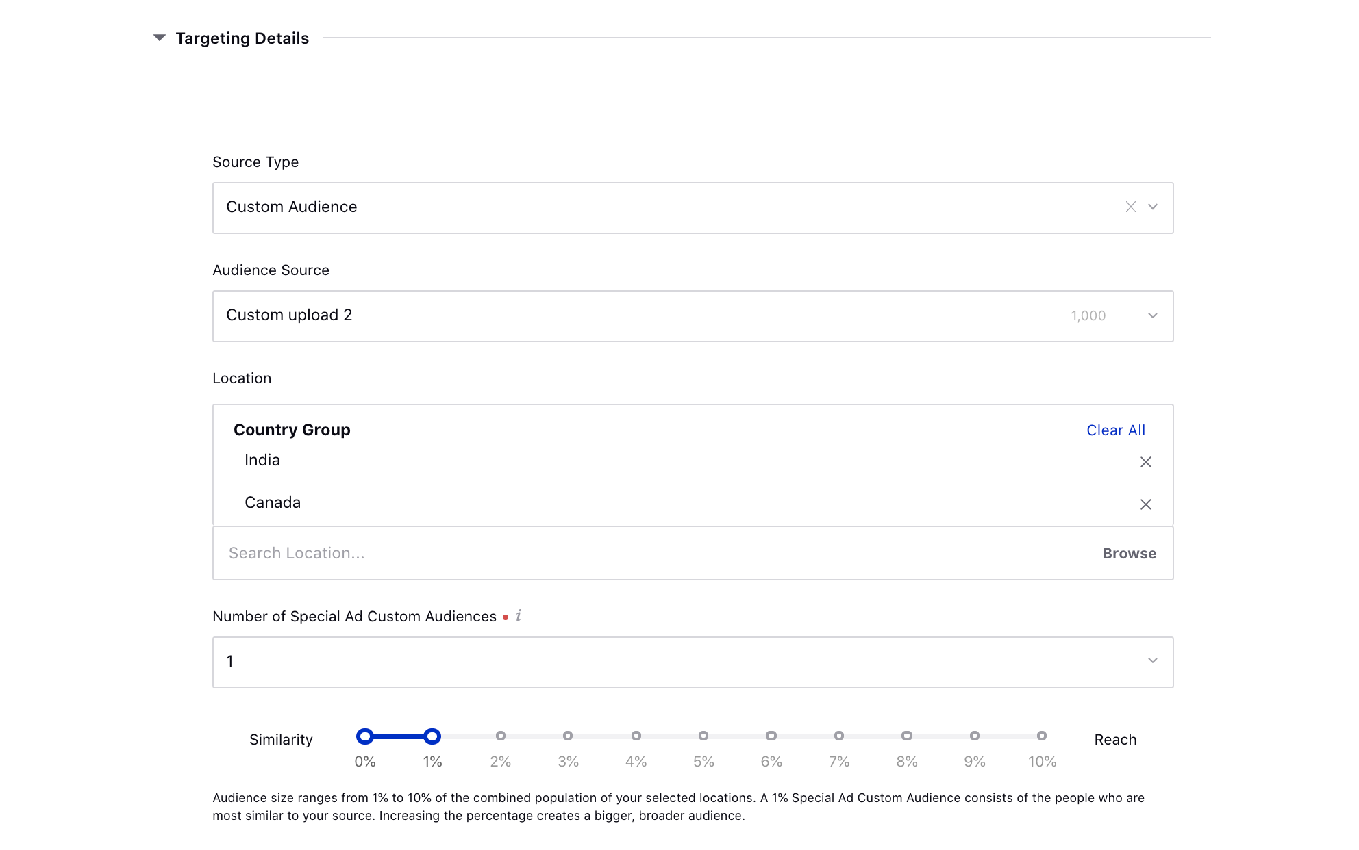 Enter the targeting details for Special Ad Custom Audience