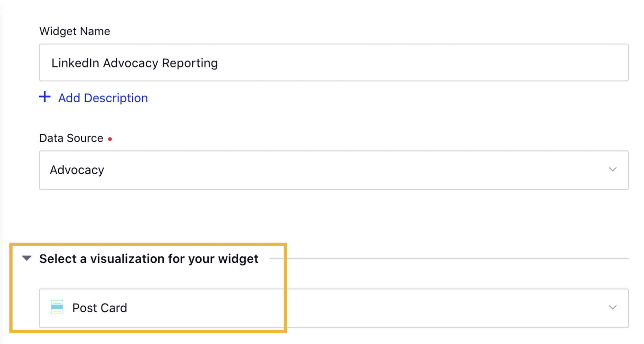 Selecting Post Card as the chart type for your Widget from the drop-down menu