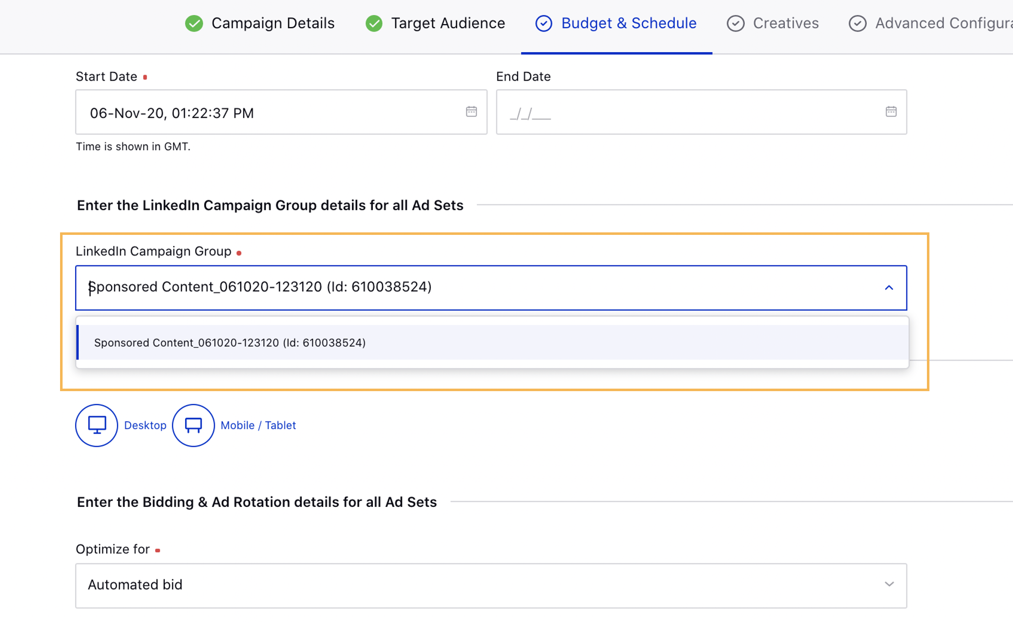 Selecting LinkedIn Campaign Group at the Ad Set level for Enterprise Accounts