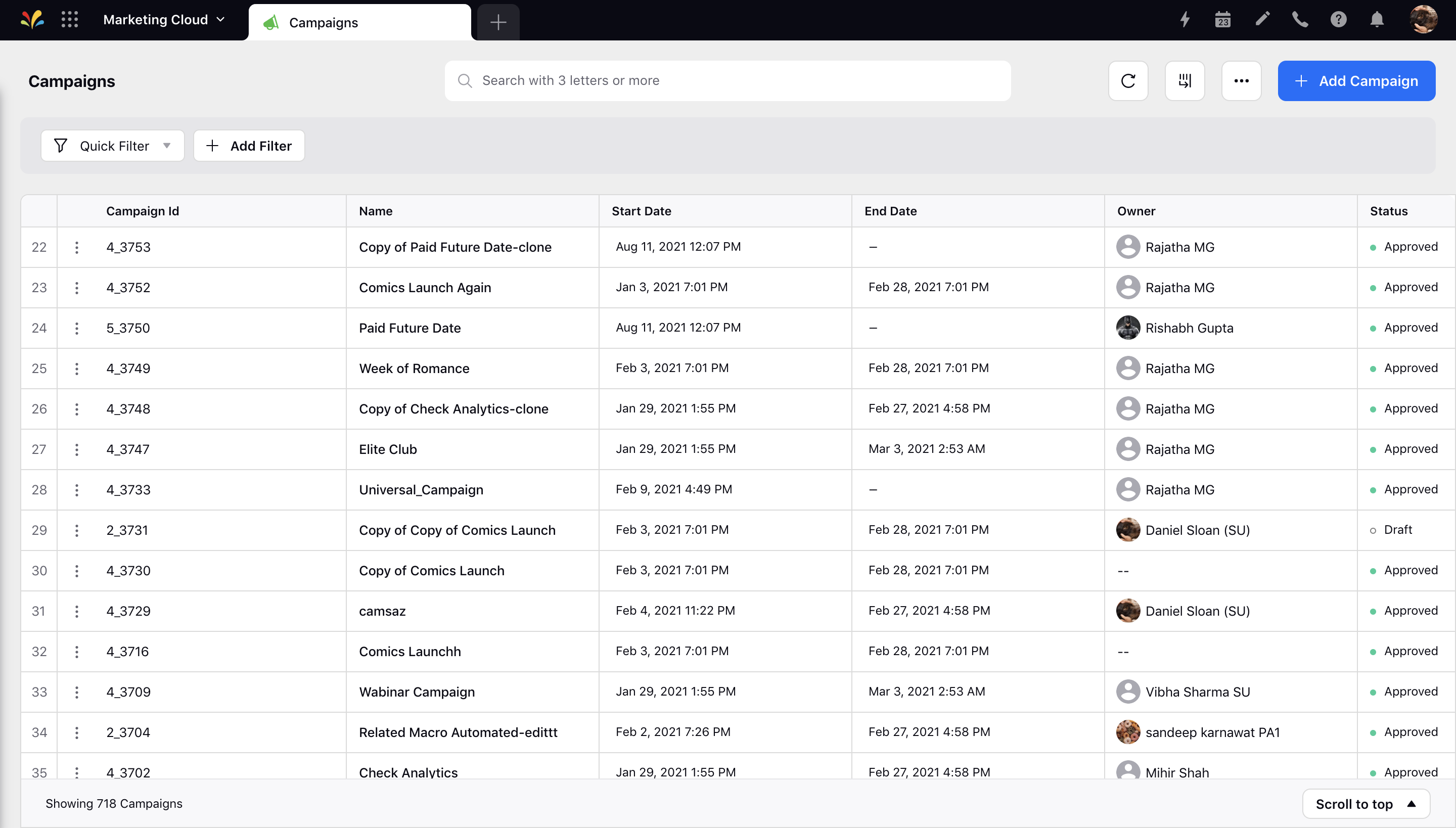 List View of Campaigns within Sprinklr