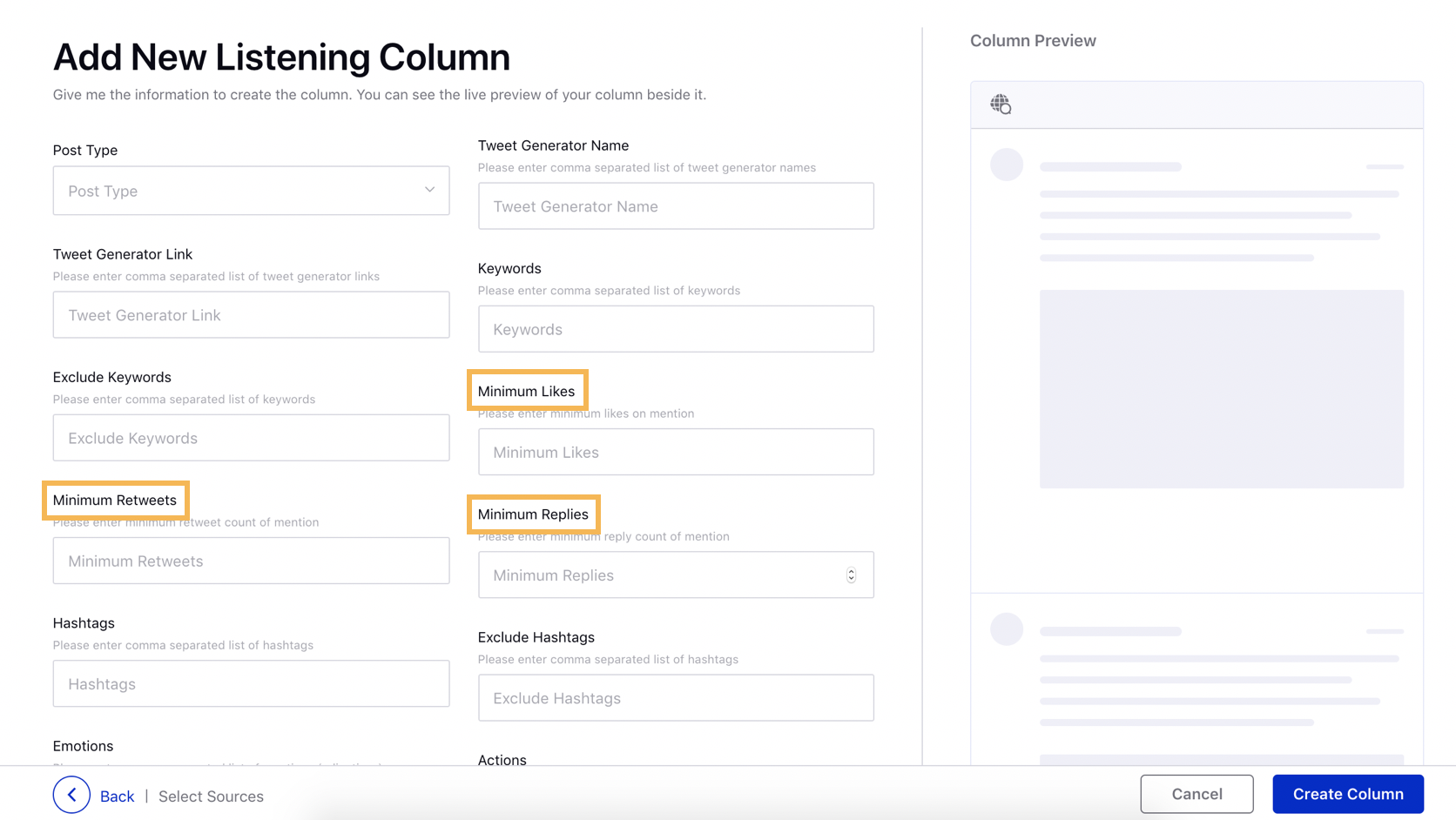 Adding Minimum Retweets, Minimum Likes, and Minimum Relies as Filters in Listening Columns