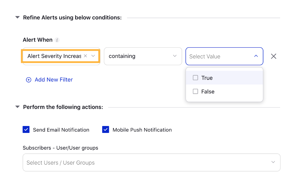 Alert Manager – Added New Condition "Alert Severity Increase" in Refine Alerts for Listening Module