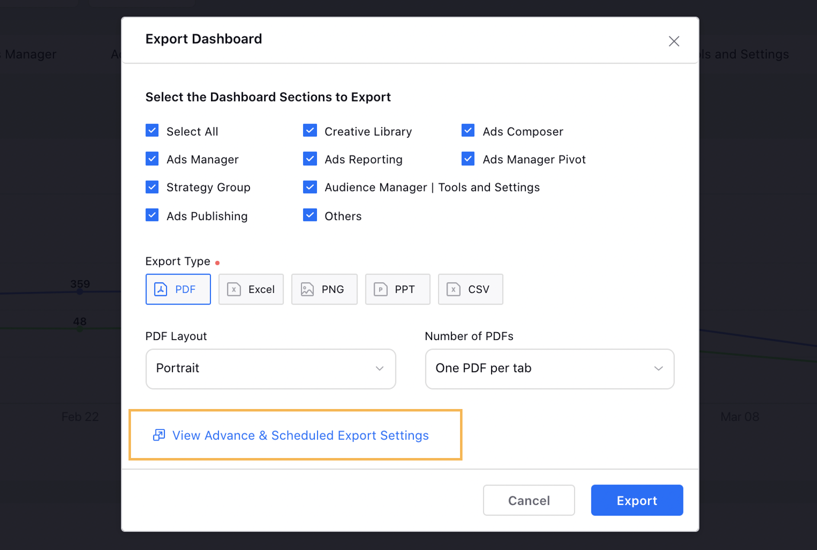 Selecting Advanced Export Option