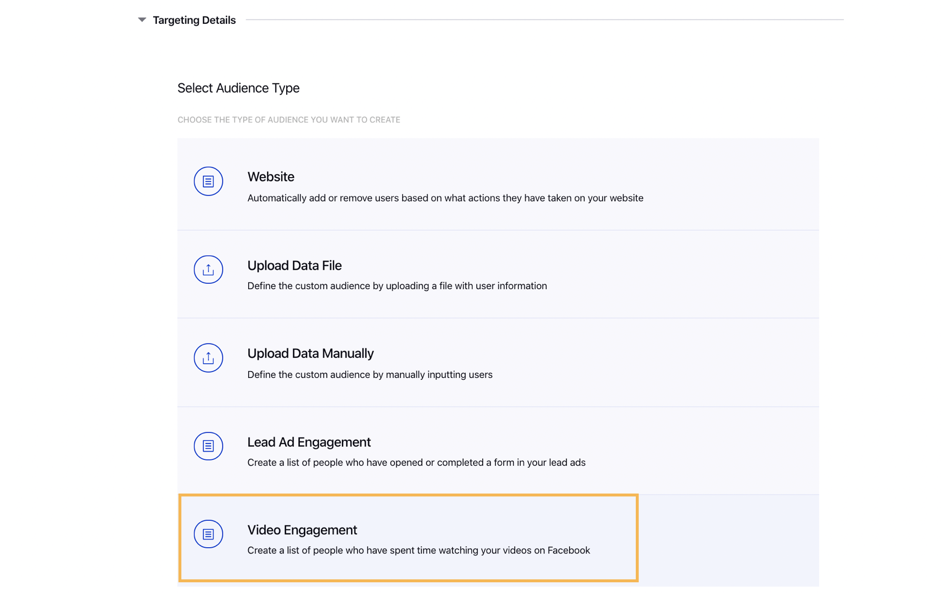 Select Video Engagement as the type of custom audience you want to create