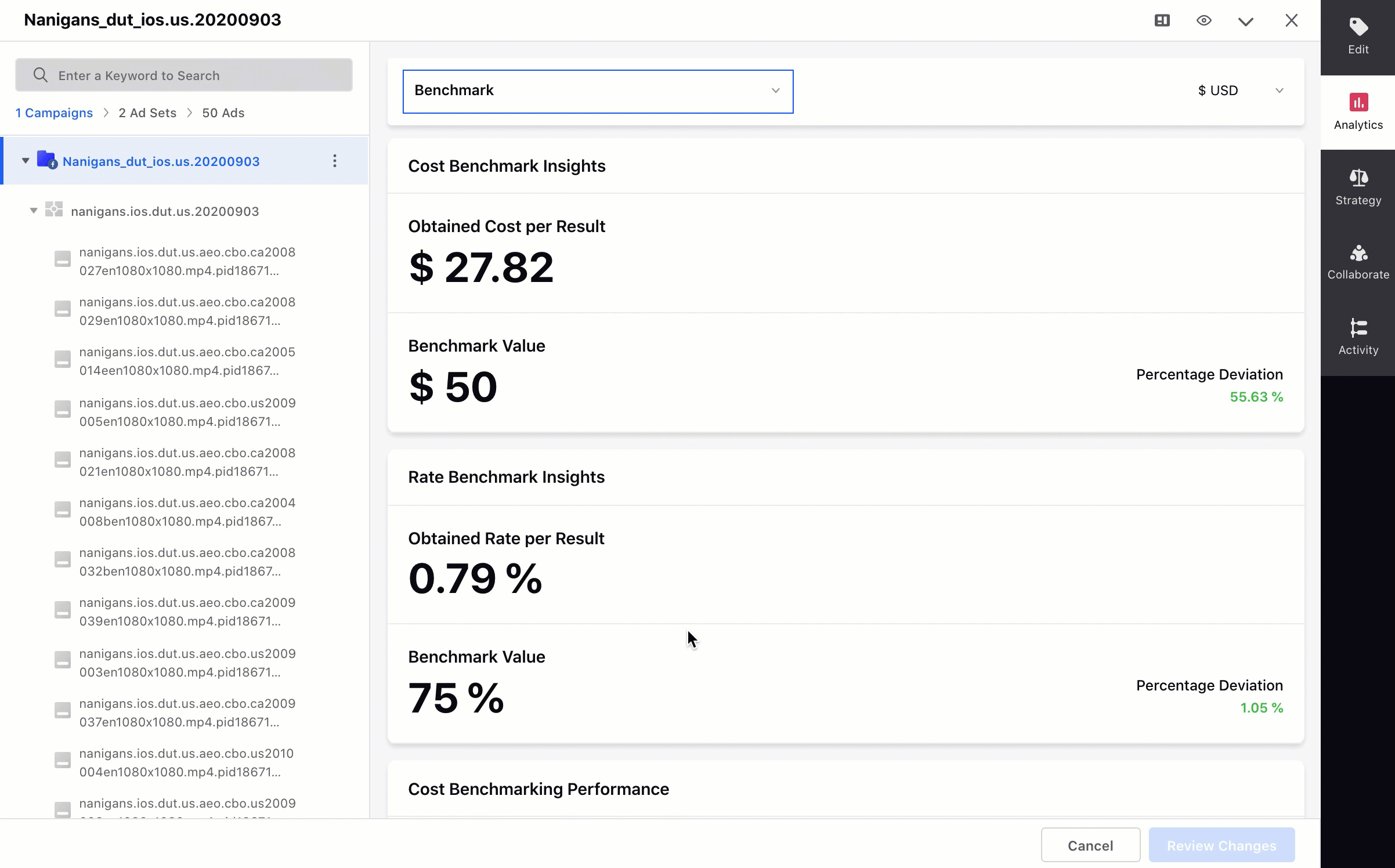 View Cost and Rate Benchmark Analytics in Ads Manager Analytics pane