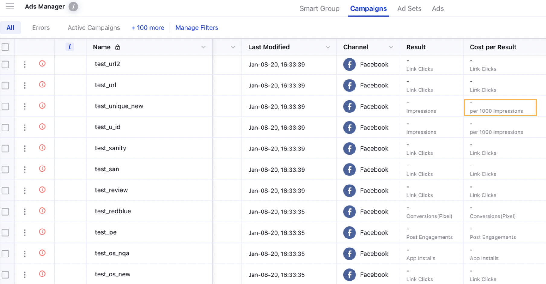 Updated Cost per Result metric column in Ads Manager