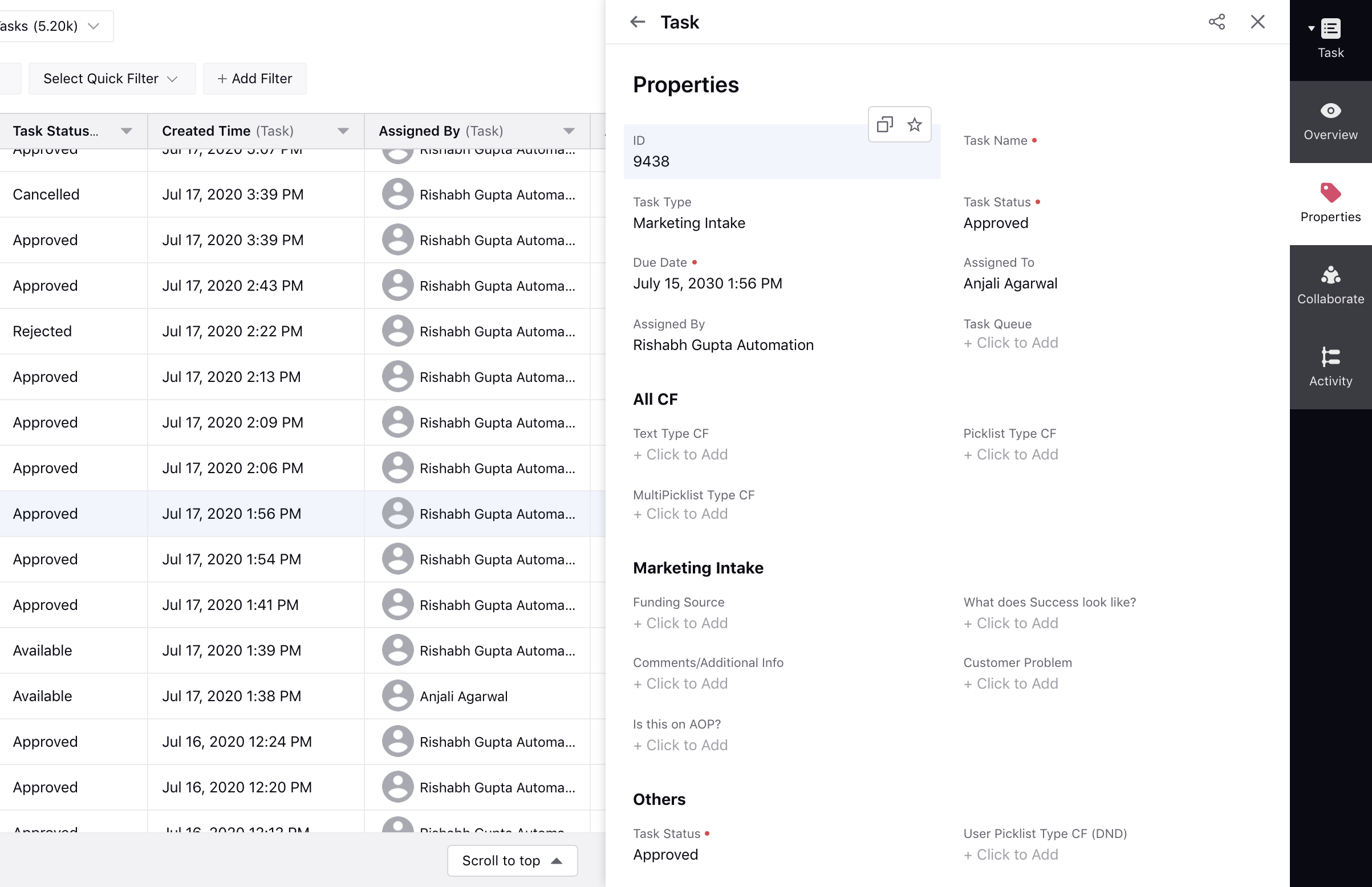 Properties Tab in Task Third Pane