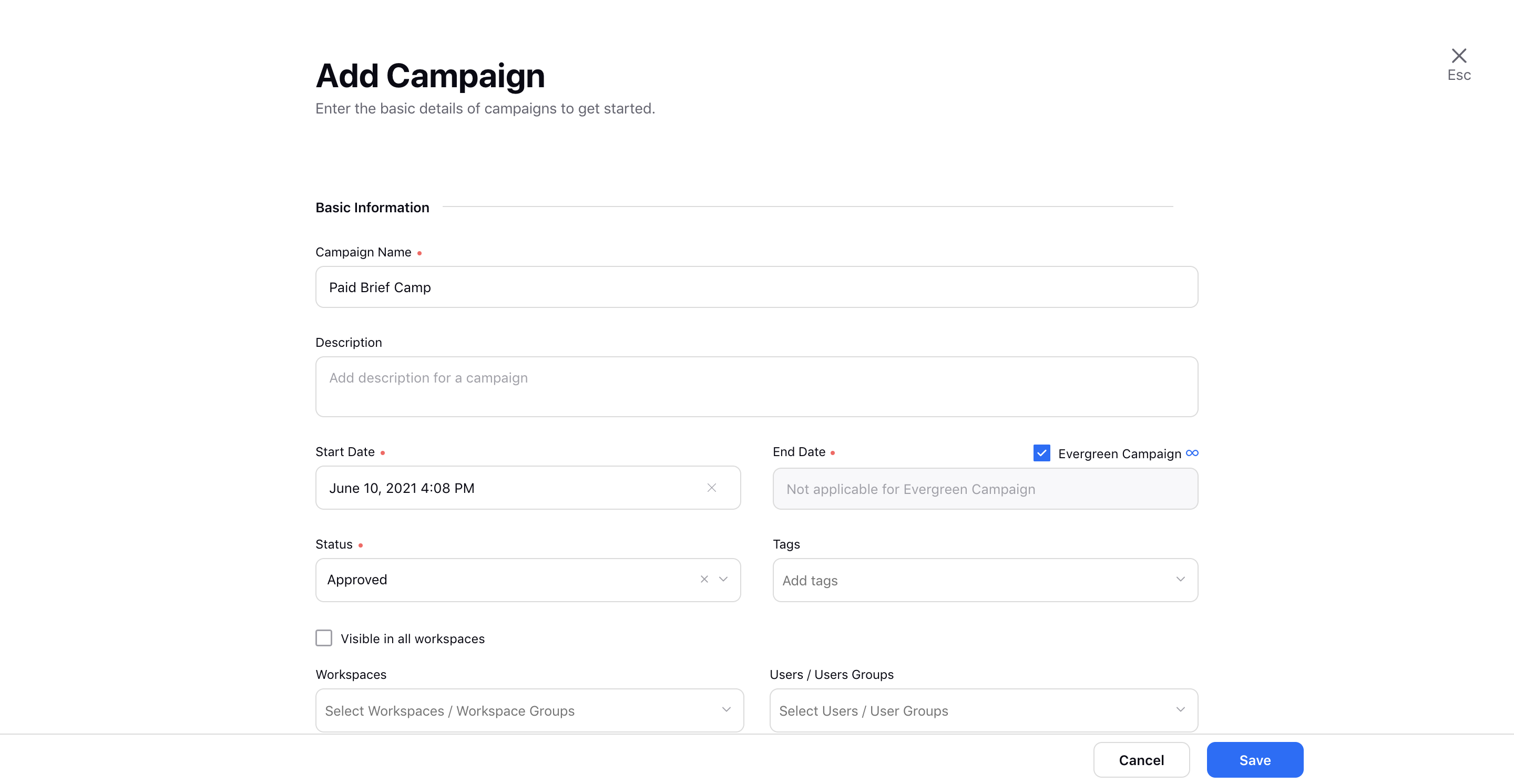 Creating New Campaign for Paid Brief Form