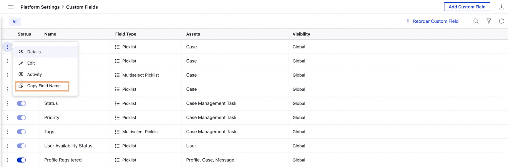 Copy Field Name of Custom Field