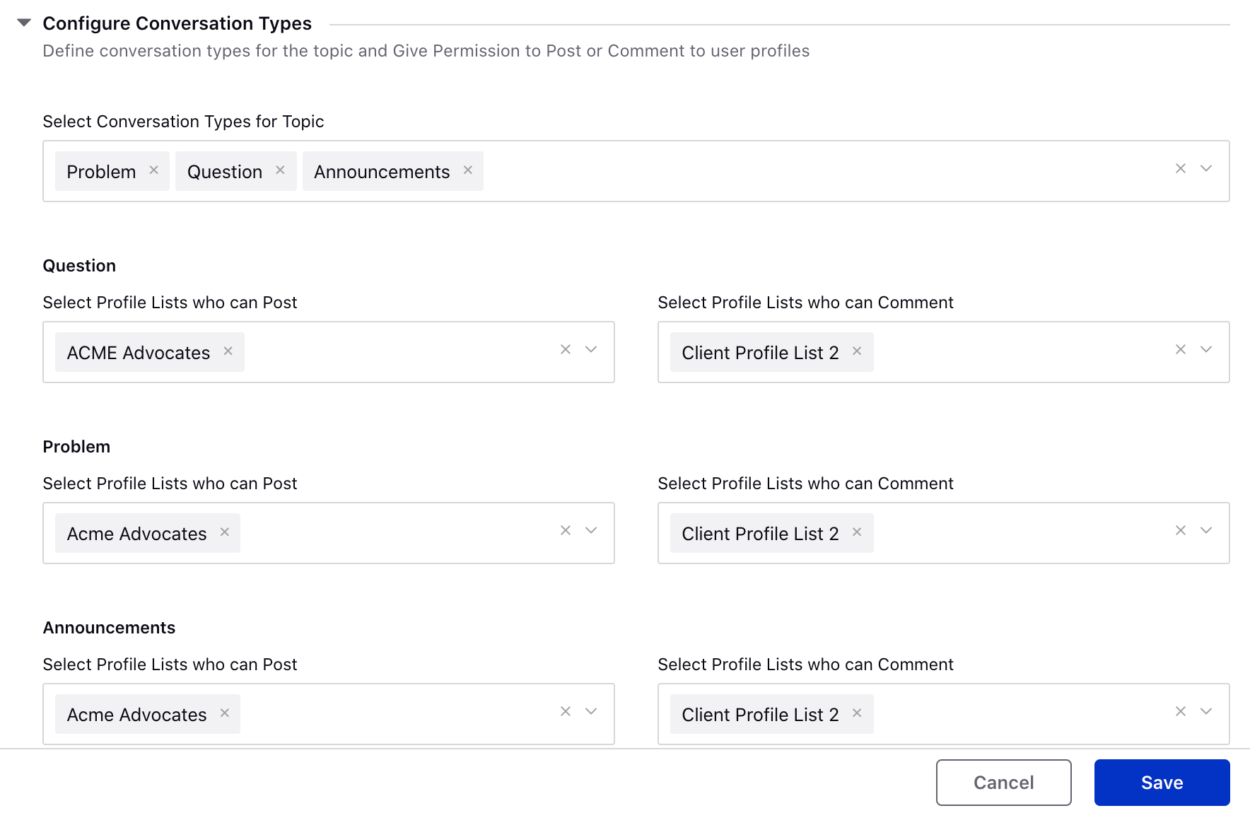 Defining conversation types for the topic and Giving Permission to Post or Comment to user profiles