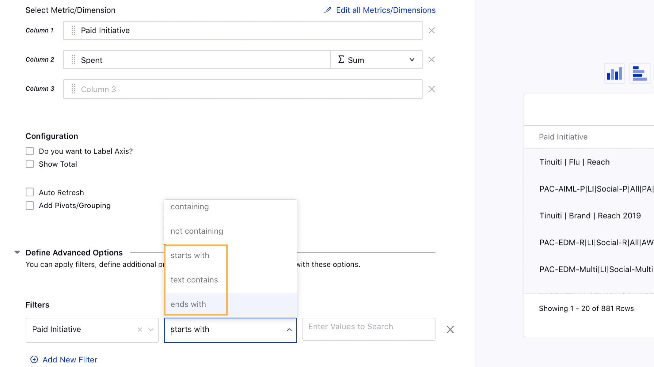 Text based filtering in Ads Reporting