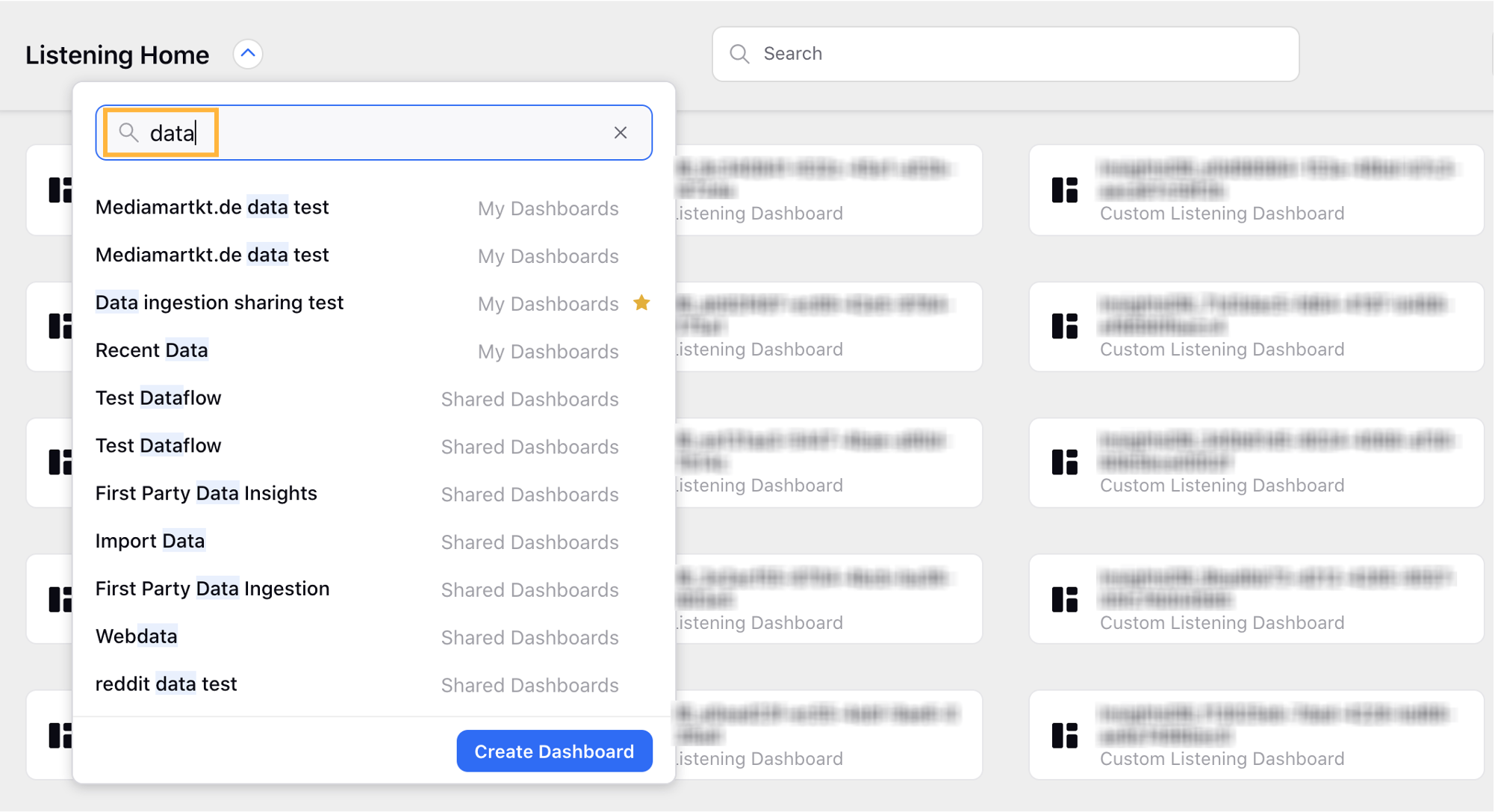 Listening – Added Search Highlight Functionality in Dashboard Drop Down Menu