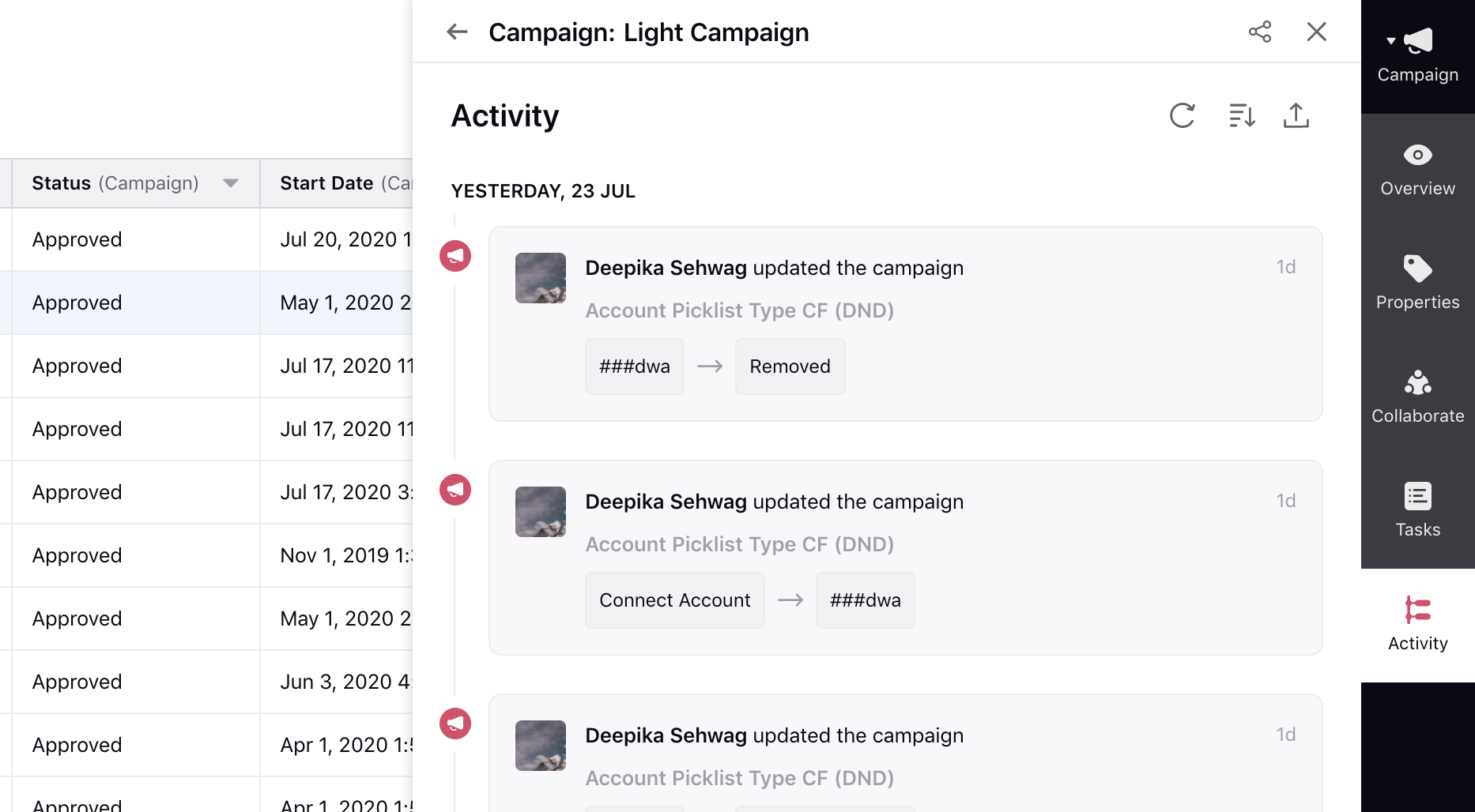 Activity Tab in Campaign Third Pane