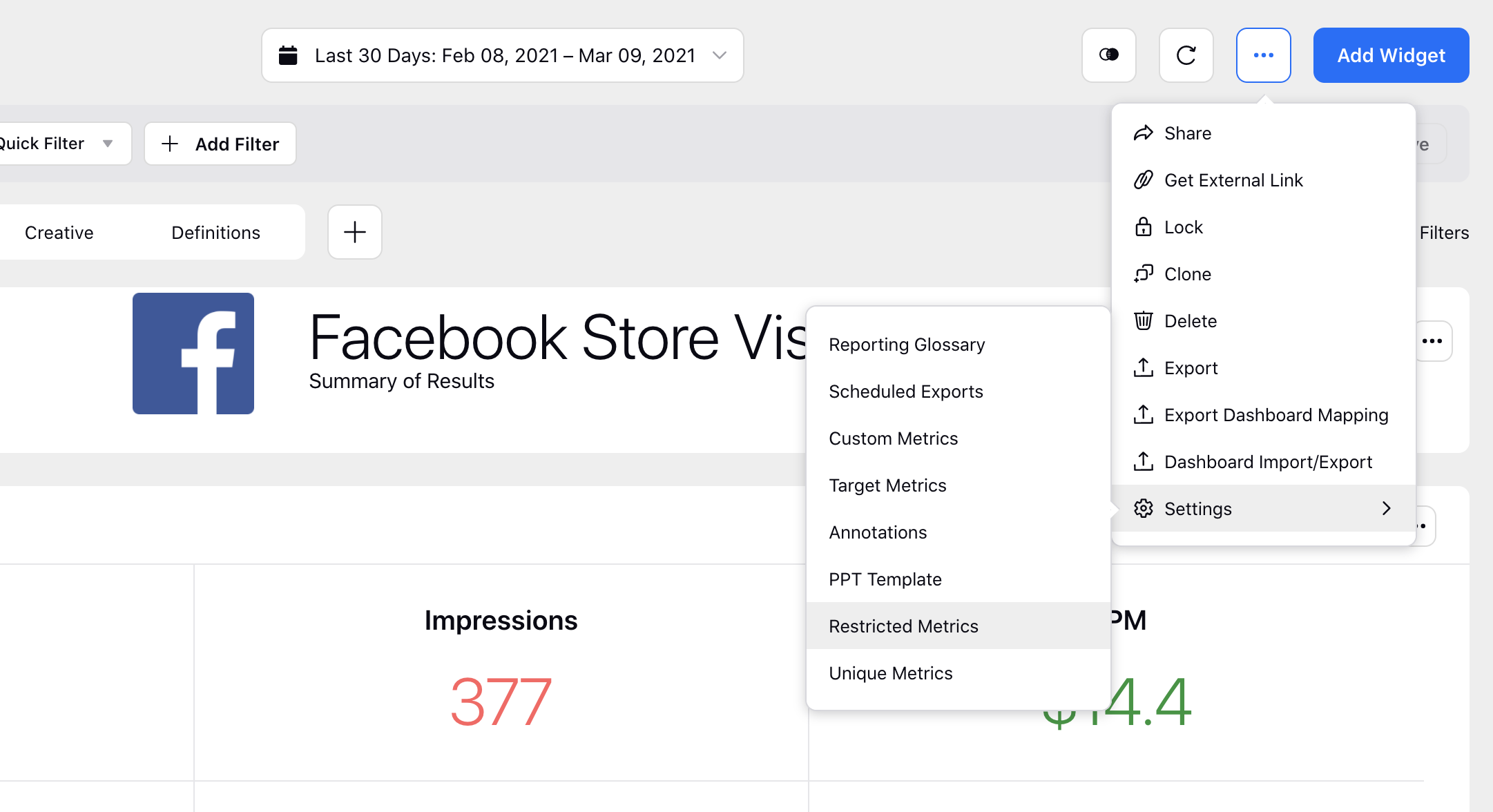 Select Restricted Metrics from Ads Reporting Dashboard