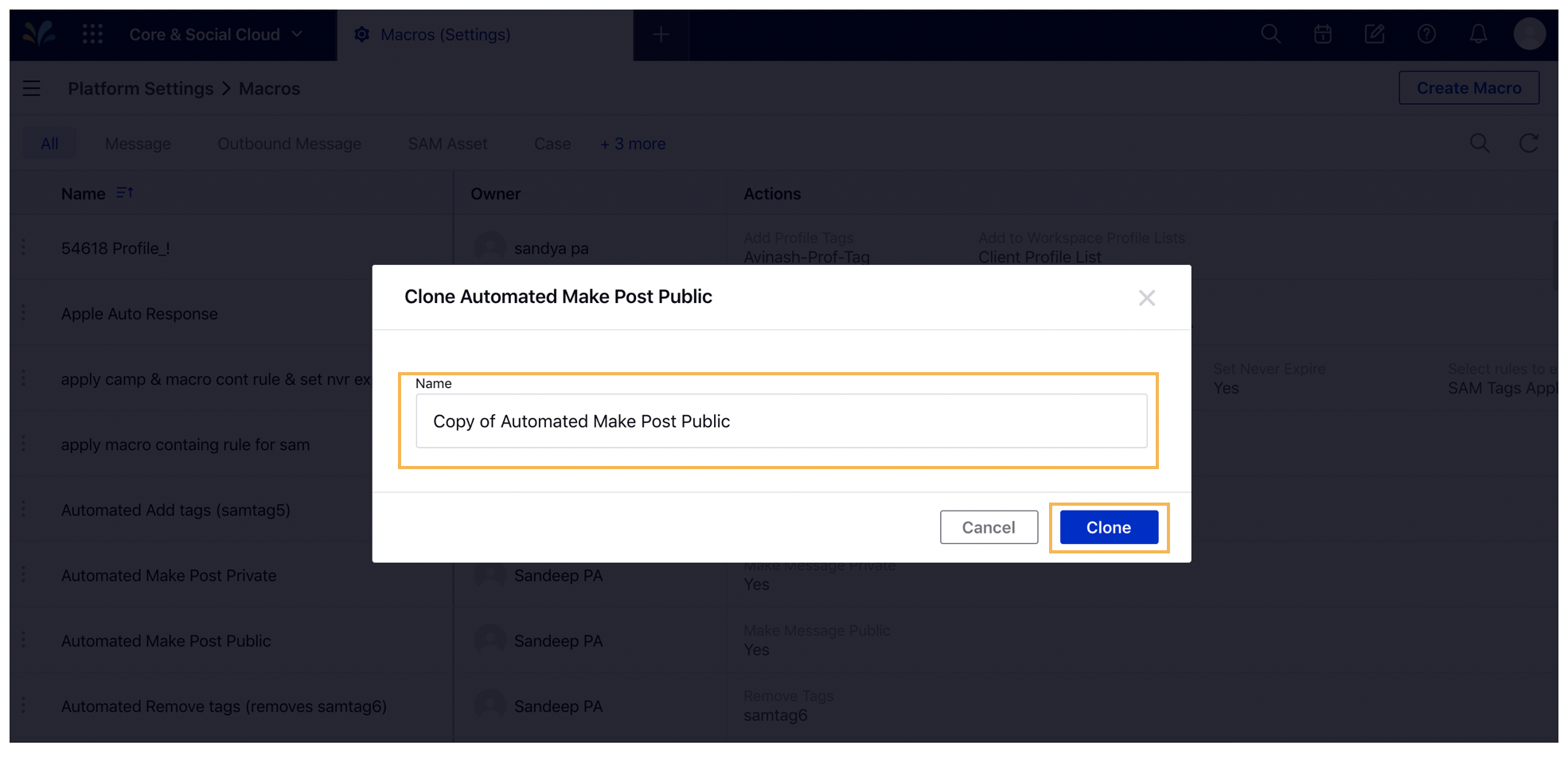 Entering Name of the Macro and Clicking Clone