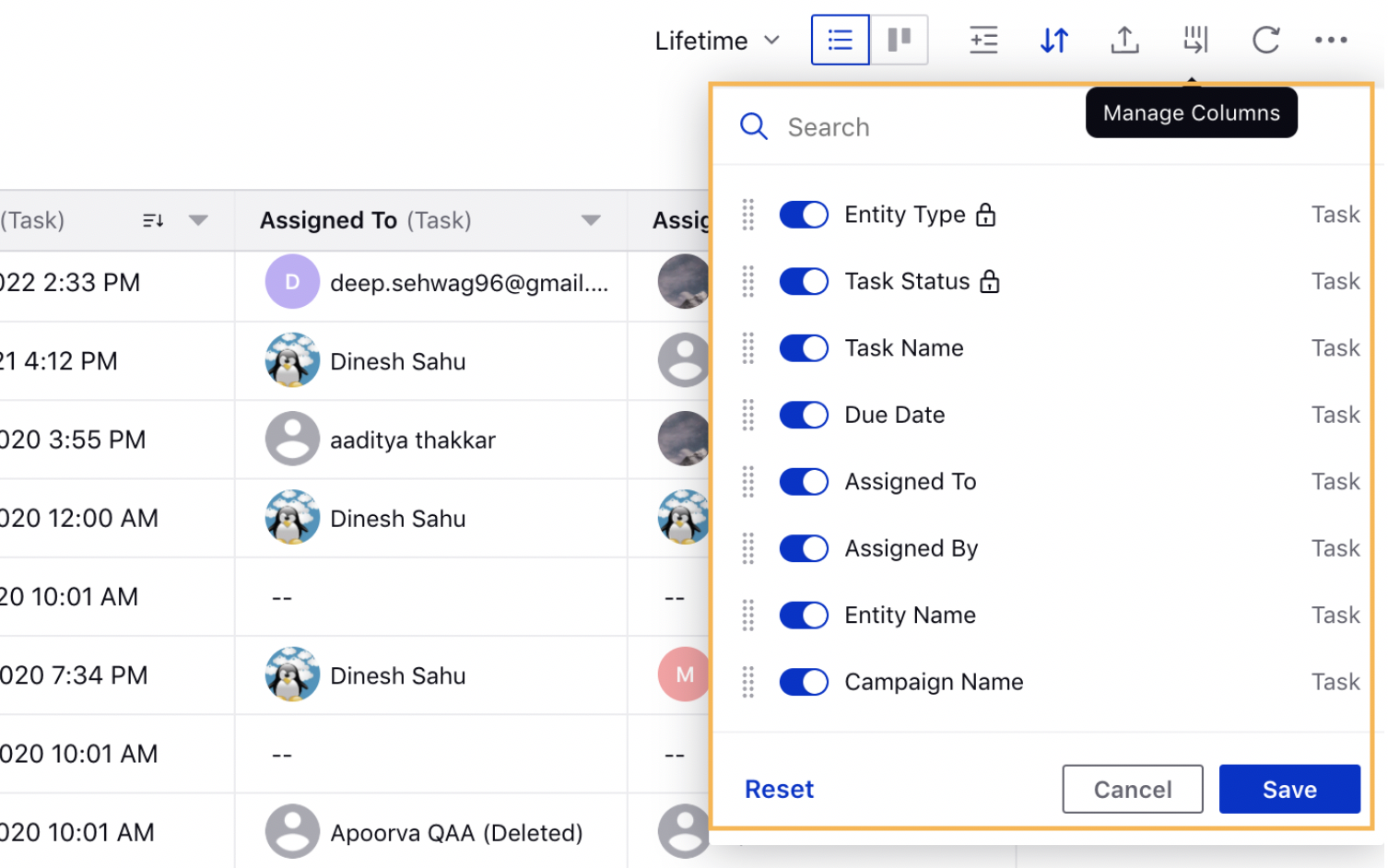 Manage Columns within the Production Dashboard