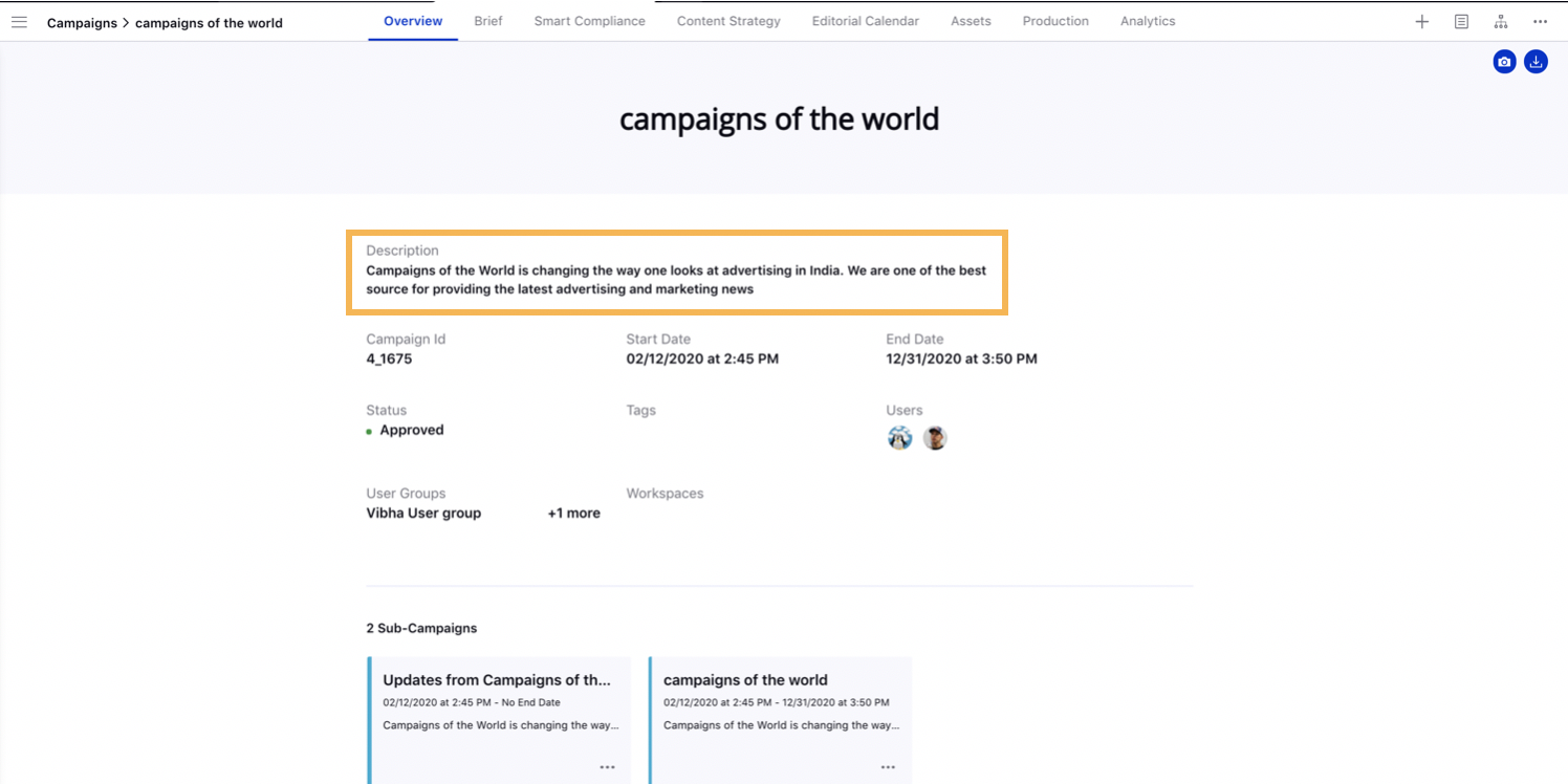 Viewing Campaign Description in the Overview Tab