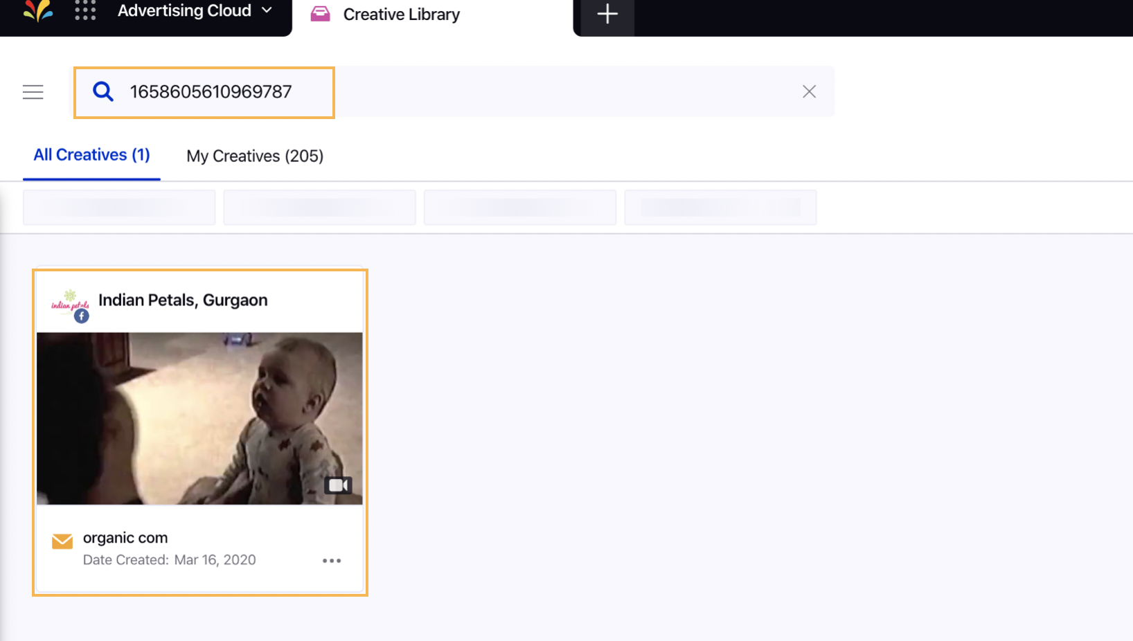 Using Video Post Id to search specific Video Post for Facebook in Creative Library